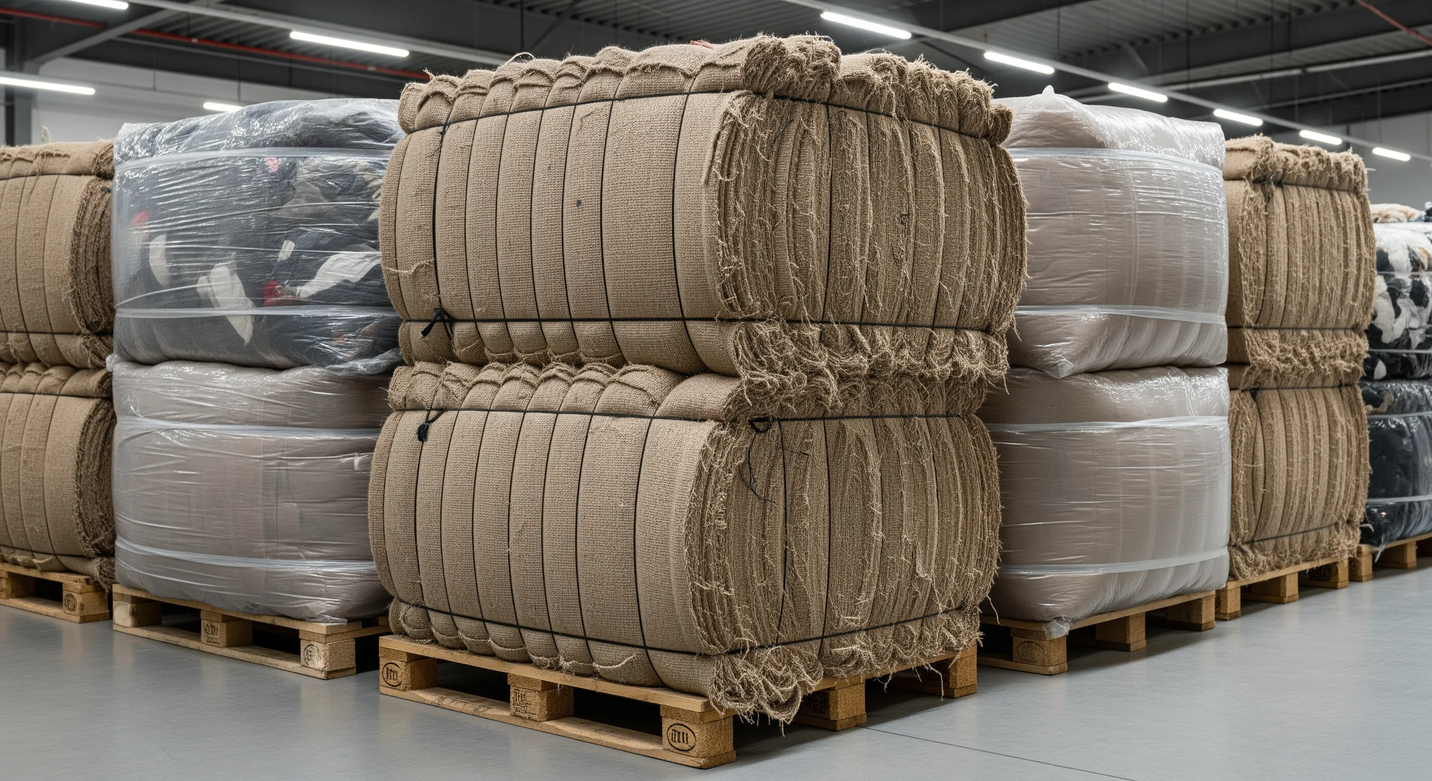 Close view of tightly packed bales of secondhand clothing wrapped and stacked on pallets inside a clean warehouse aisle.