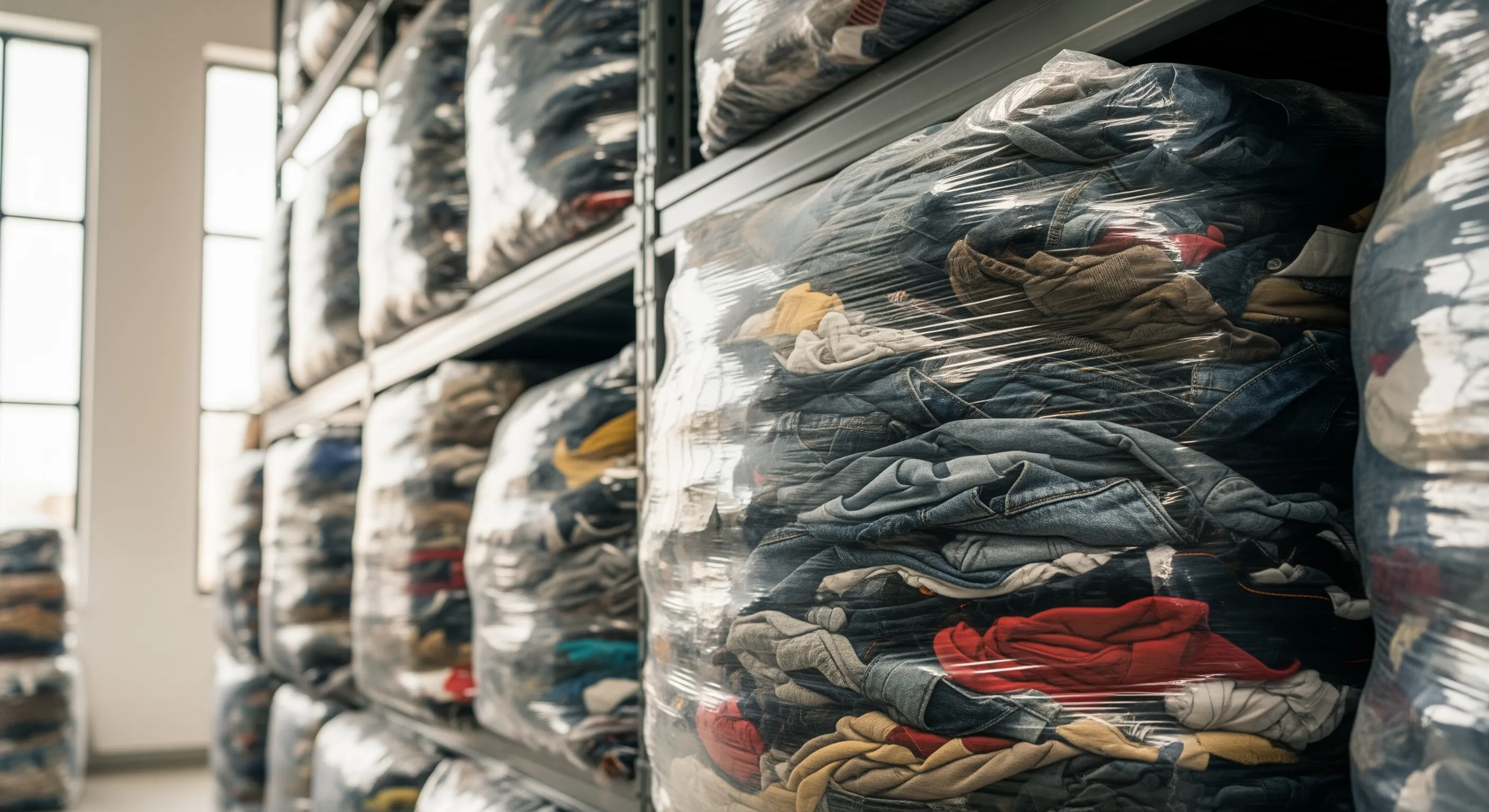 Close view of large plastic-wrapped bales containing mixed branded used clothing in a tidy warehouse environment.