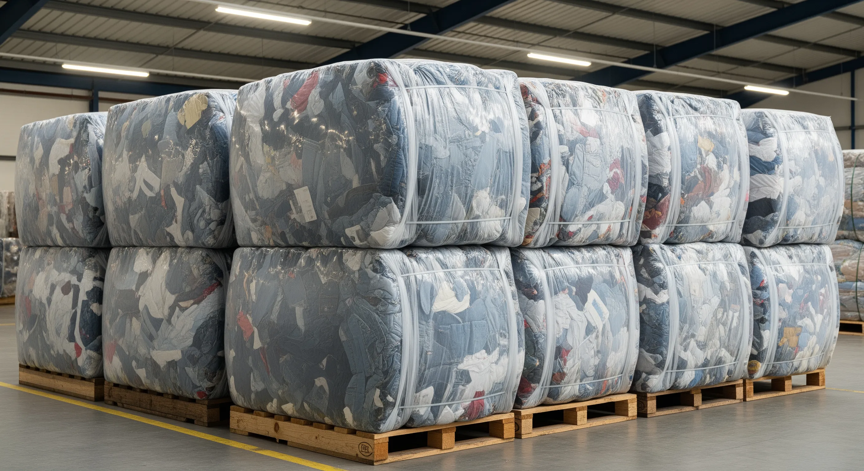 Close view of tightly packed bales of second-hand branded clothing stacked on pallets inside a spacious warehouse.