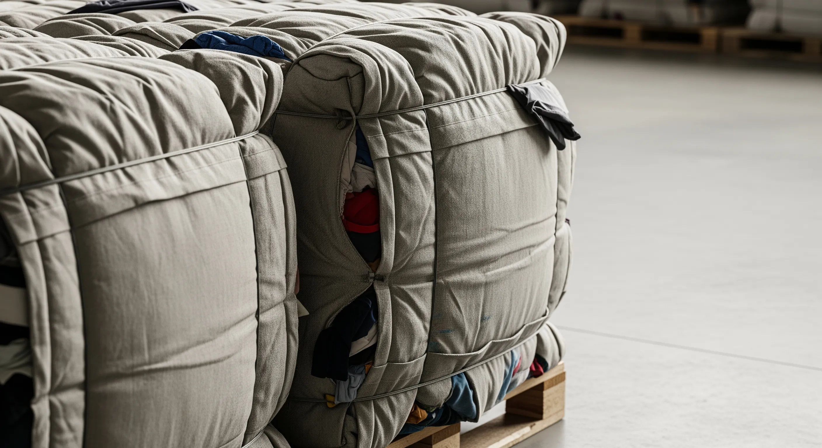 Close-up view of tightly wrapped bales of second-hand clothing stacked on pallets inside a warehouse.
