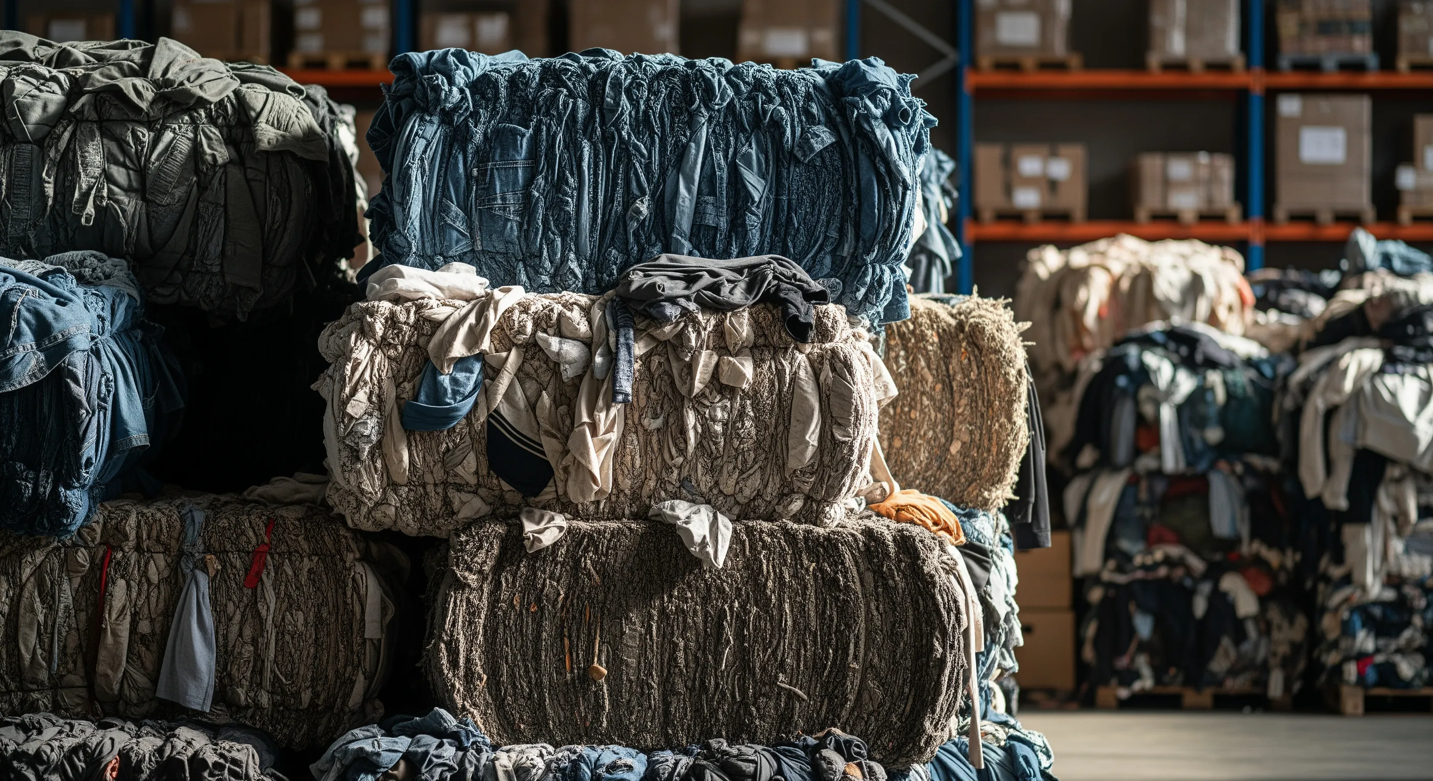 Close to mid-range view of stacked large bales of vintage and second-hand clothing in a warehouse, showing textures of packed fabrics