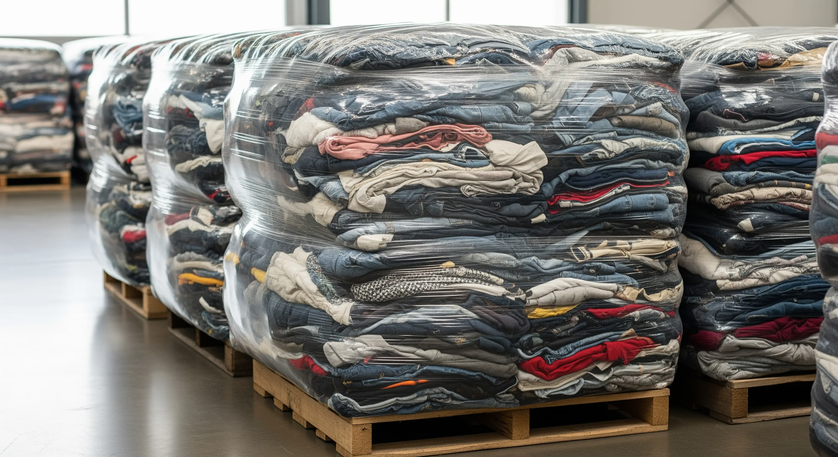 Neatly stacked large bales of vintage second-hand clothing wrapped in plastic inside a well-lit warehouse in Italy