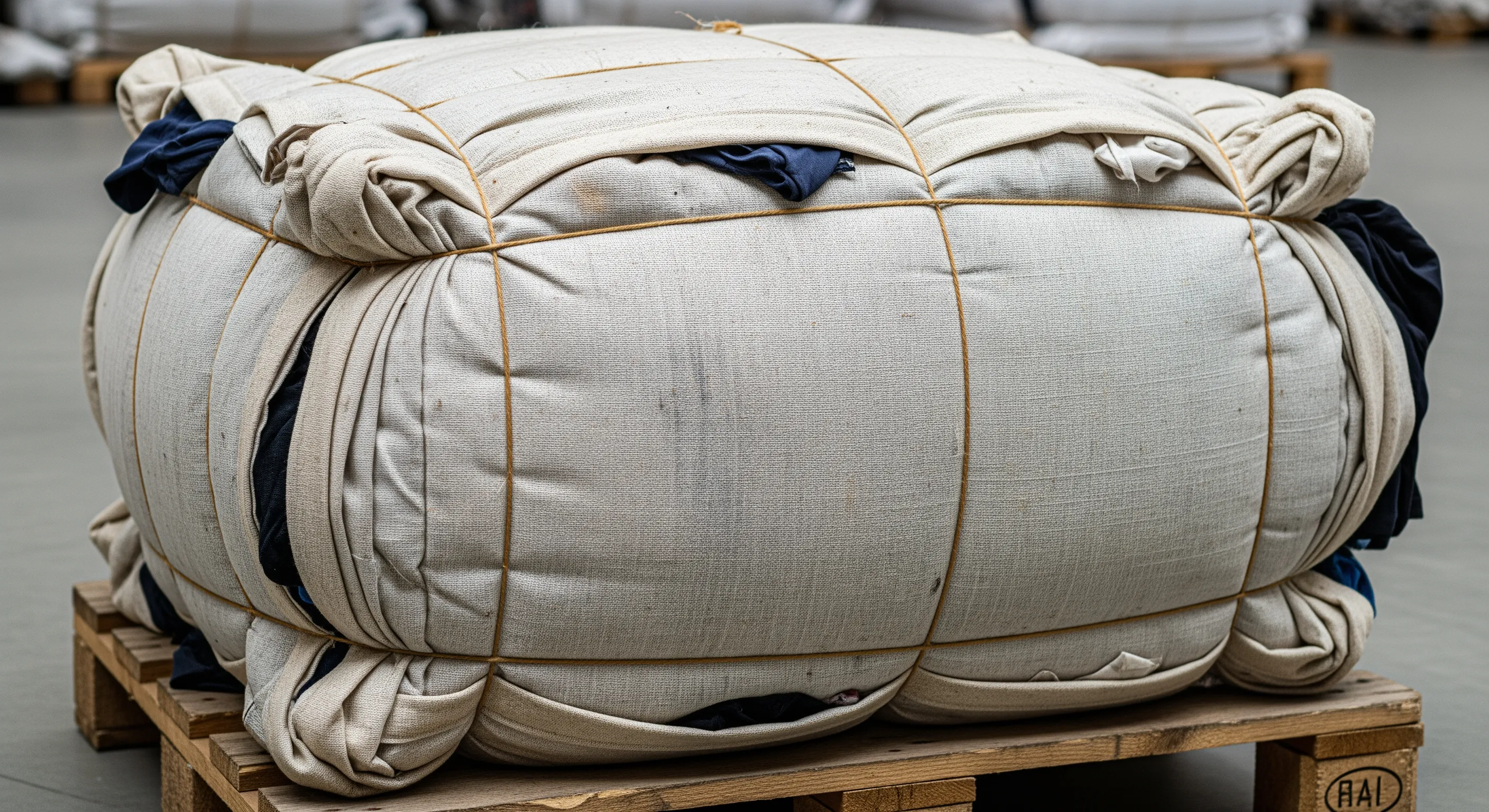 Close view of a cream-wrapped large bale of second-hand branded clothing on a wooden pallet in a tidy warehouse setting.