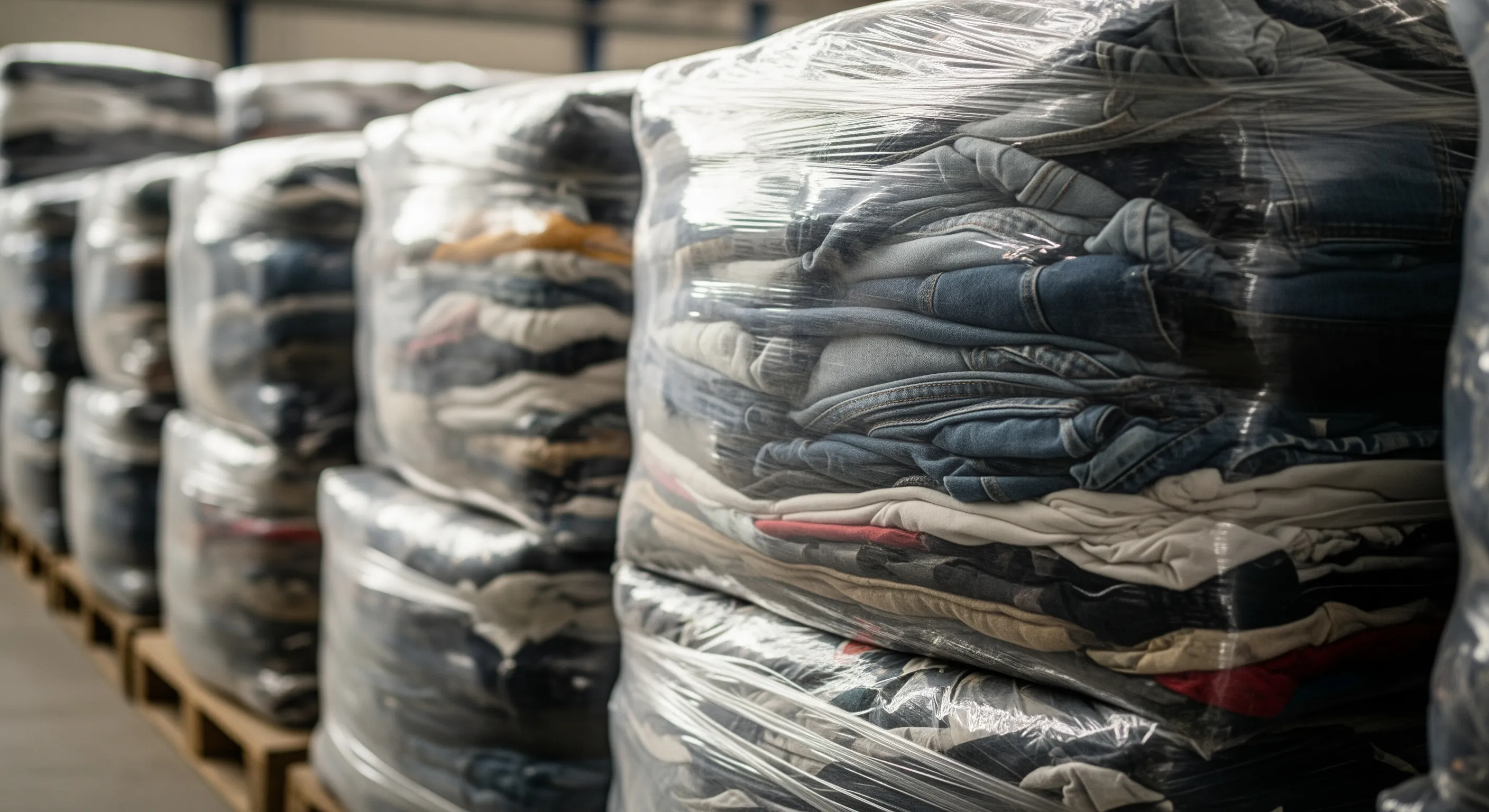 Close-up of human-height bales wrapped tightly containing assorted vintage clothing bundles in a clean warehouse setting