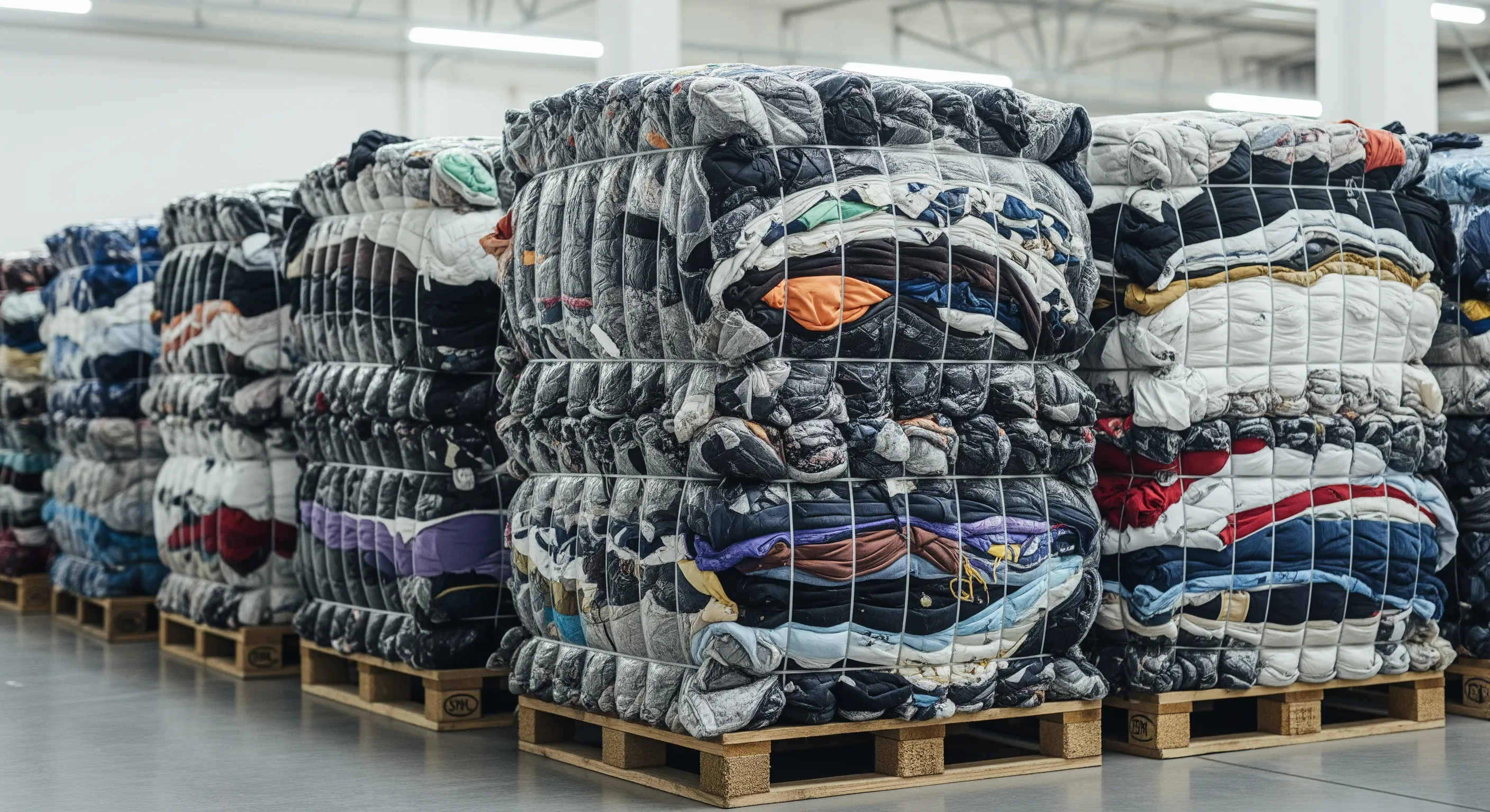 Close view of compressed second-hand clothing bales wrapped and stacked on pallets in an organized wholesale warehouse.