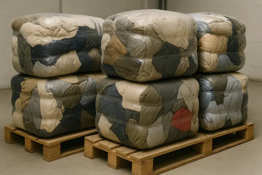Close view of compressed bales of assorted vintage branded clothing wrapped on pallets in a clean warehouse