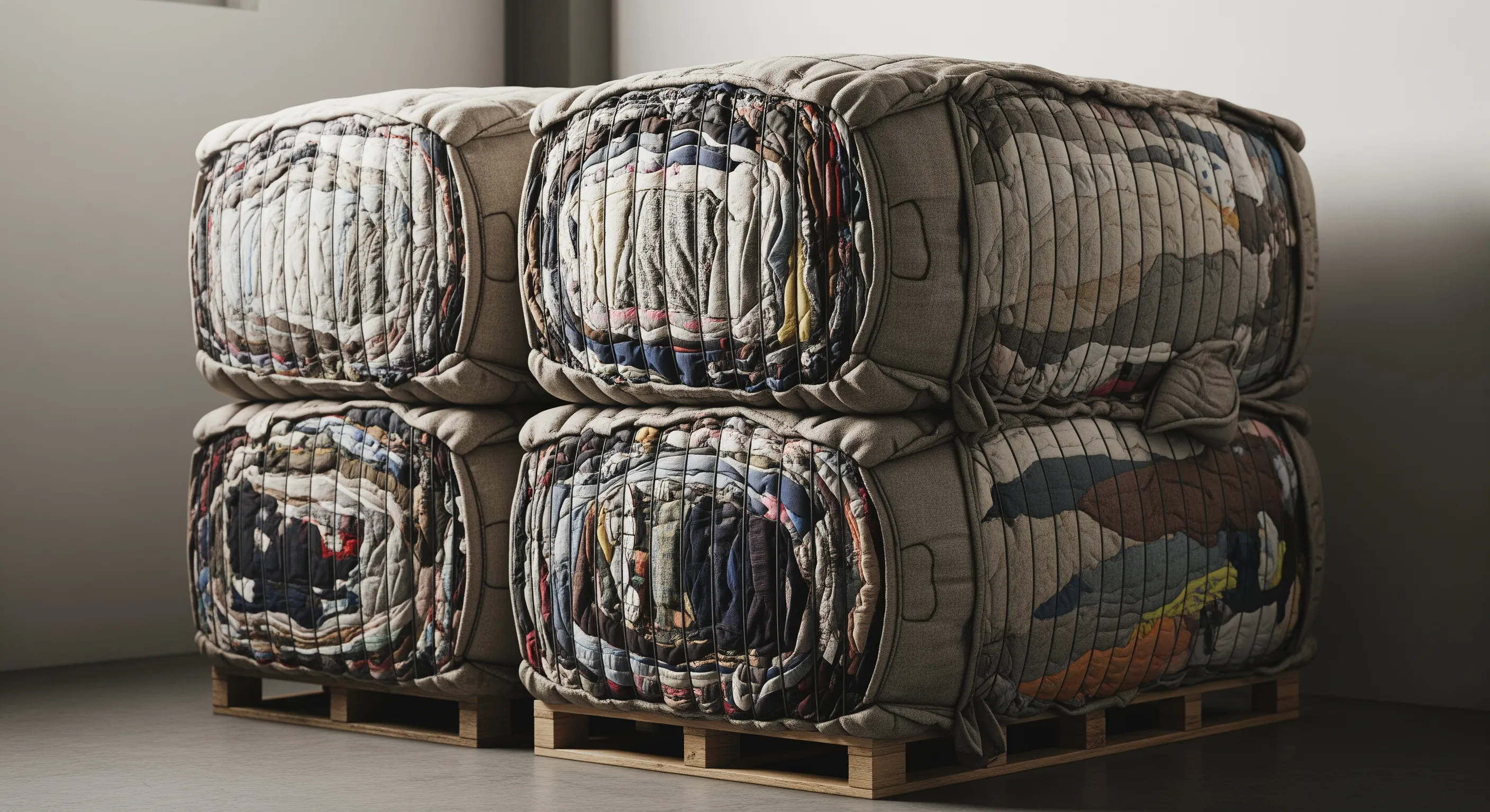 Close view of tightly packed large bales of vintage clothing in a clean warehouse setting with natural light