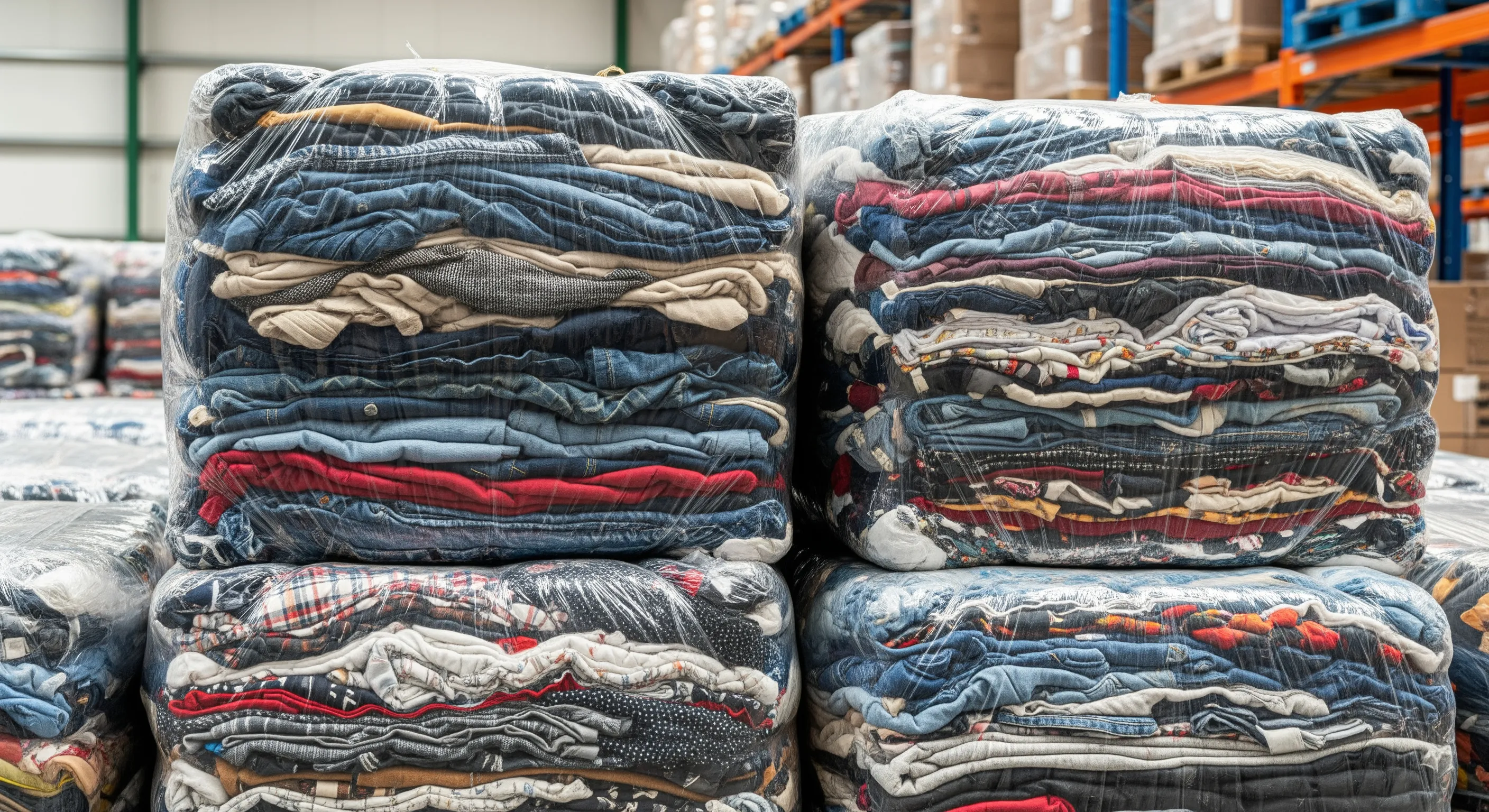 Close view of large transparent-wrapped bales containing mixed branded second-hand clothing at a warehouse in Italy