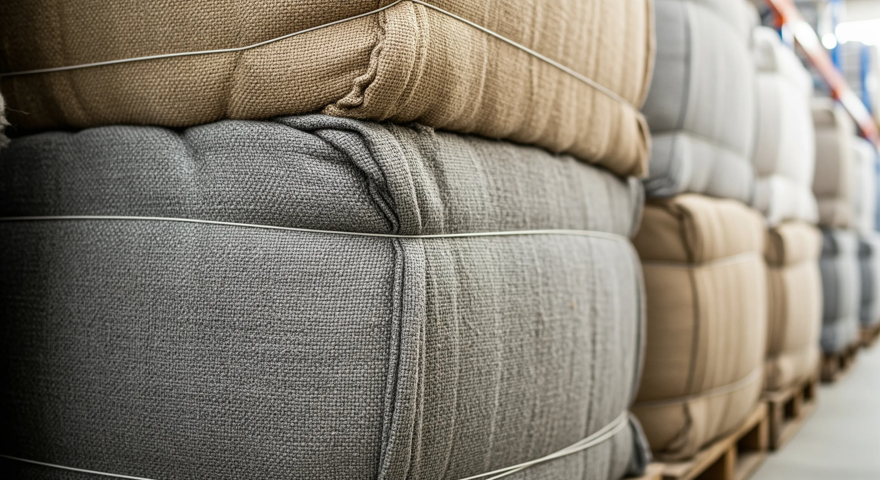 Close view of tightly wrapped large bales of second-hand clothing stacked neatly on pallets in a bright warehouse aisle