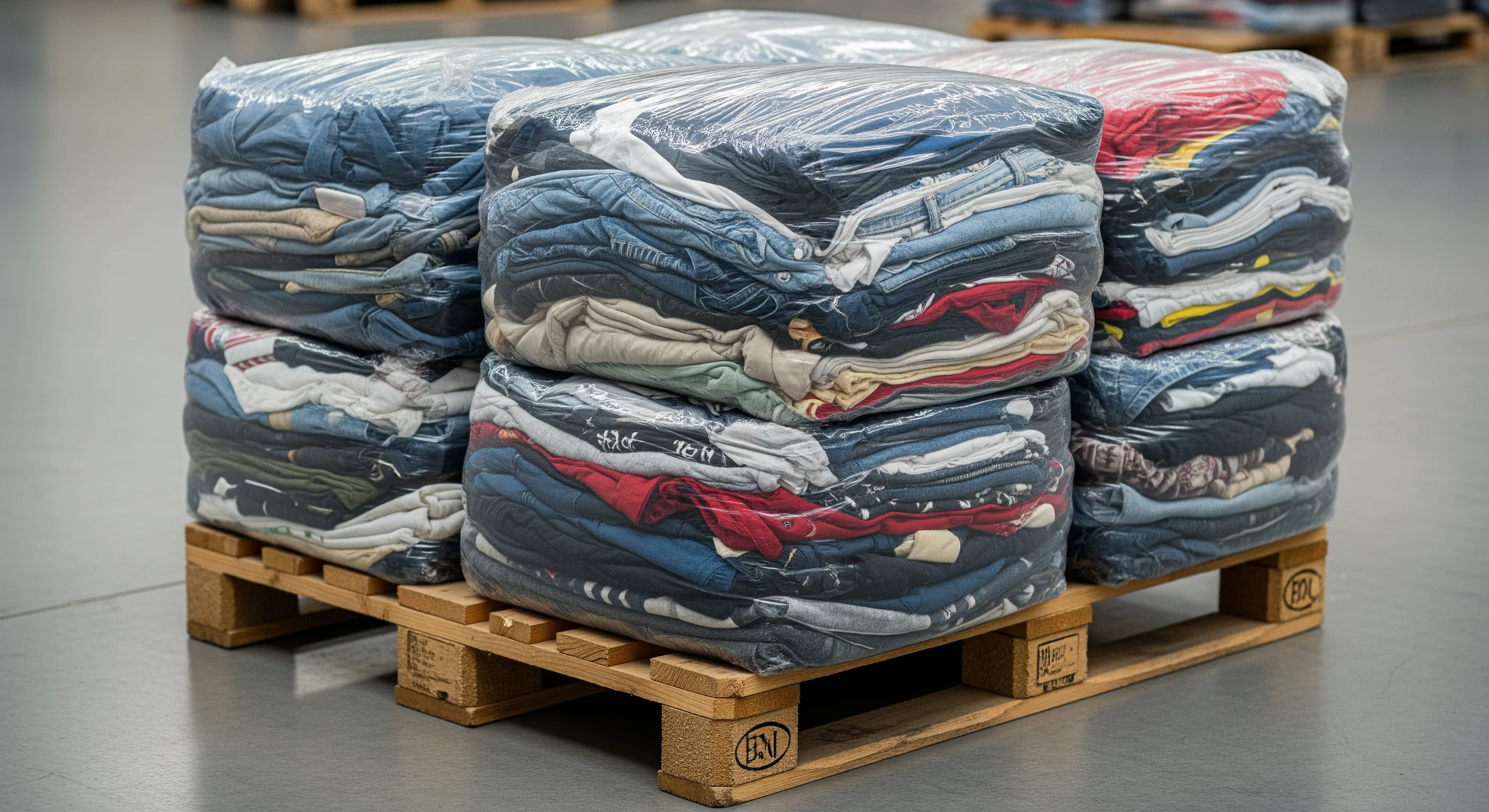 Close view of wrapped bales of second-hand and vintage clothing on a wooden pallet in a clean warehouse
