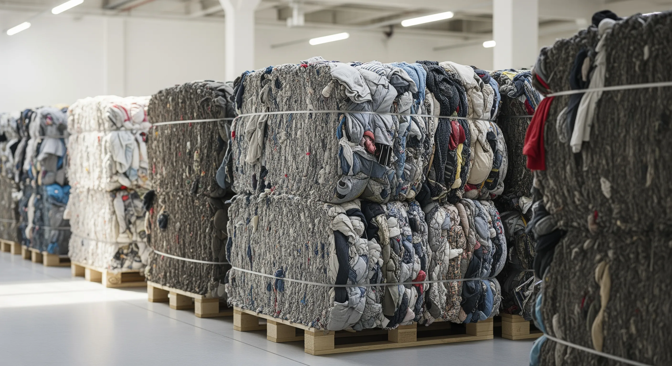 Close view of large neutral-colored bales of second-hand clothing packed on pallets inside a bright warehouse