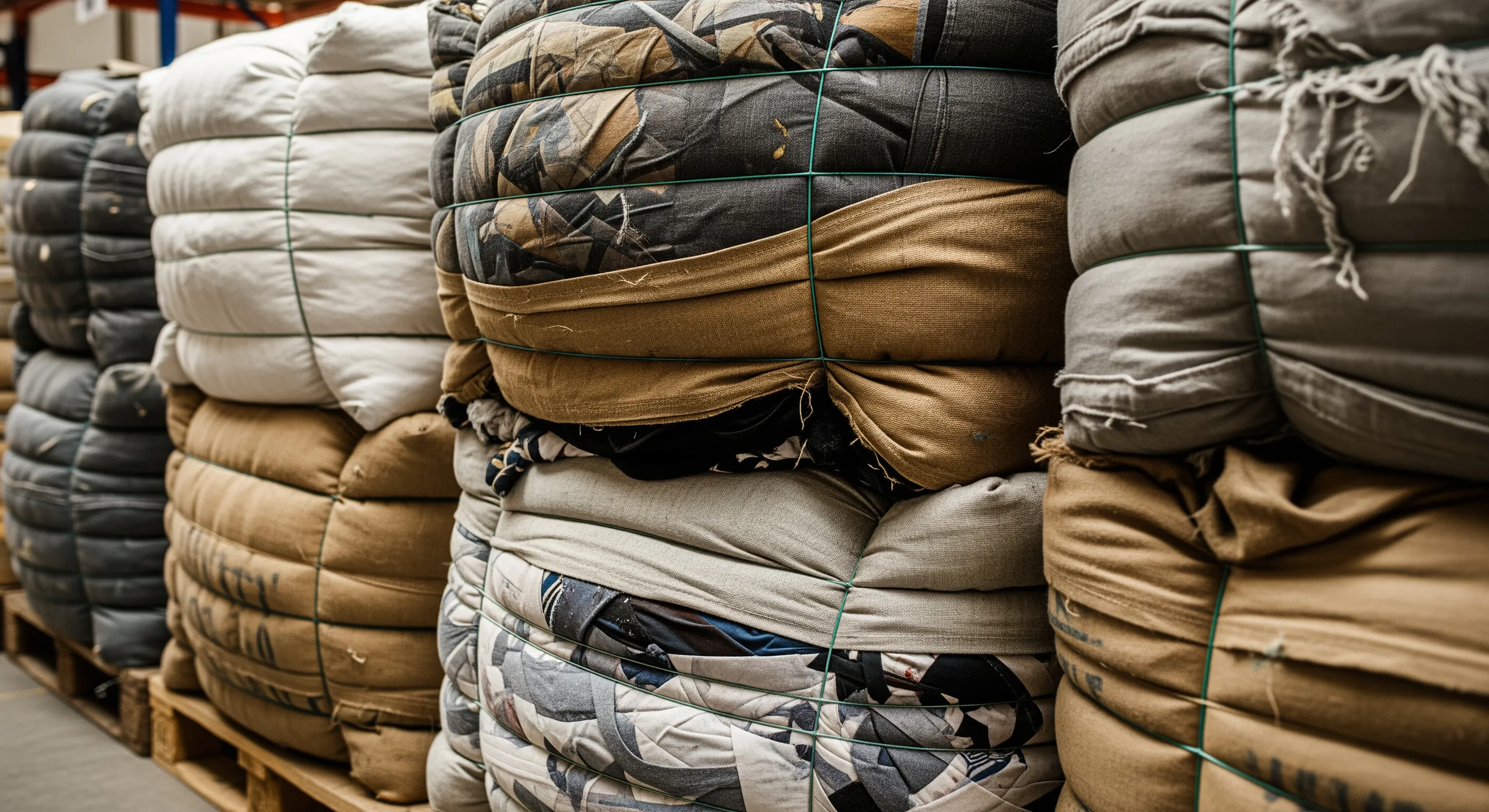 Close view of tightly packed fabric-wrapped bales of mixed vintage clothing stacked on pallets inside a neat warehouse aisle