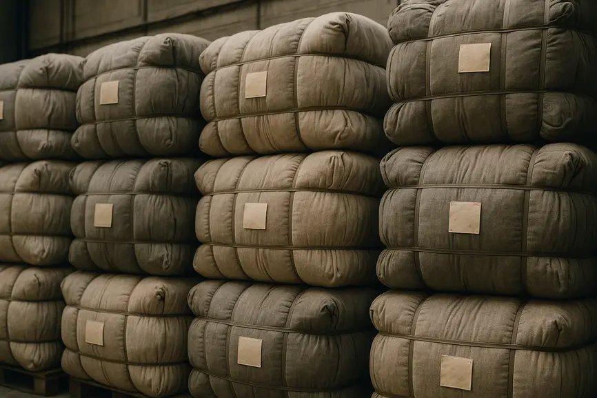 Close view of packed large bales of used clothing with textured fabric surfaces inside a clean warehouse, no visible brands.