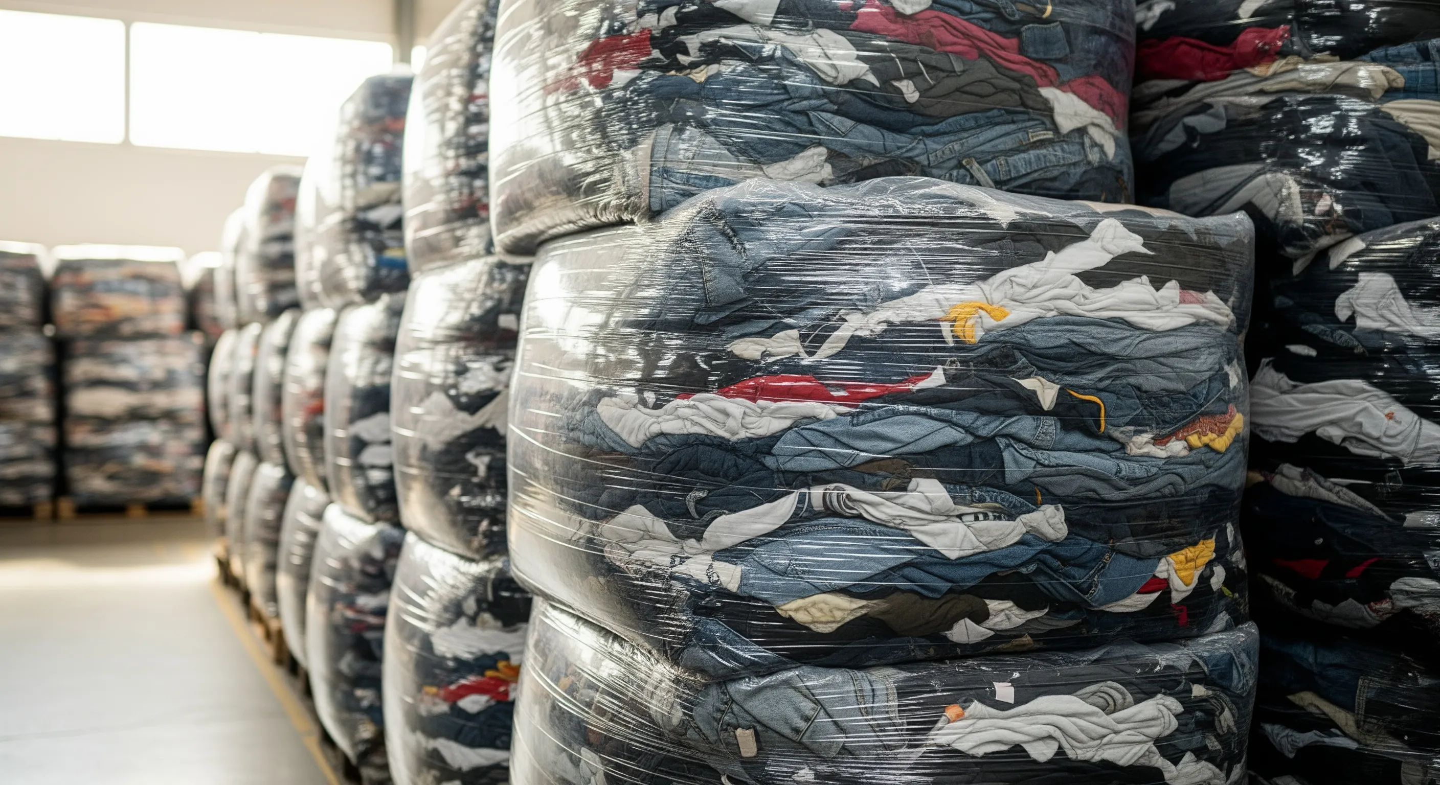 Close view of packed large fabric bales containing regenerated clothing in a neat warehouse aisle