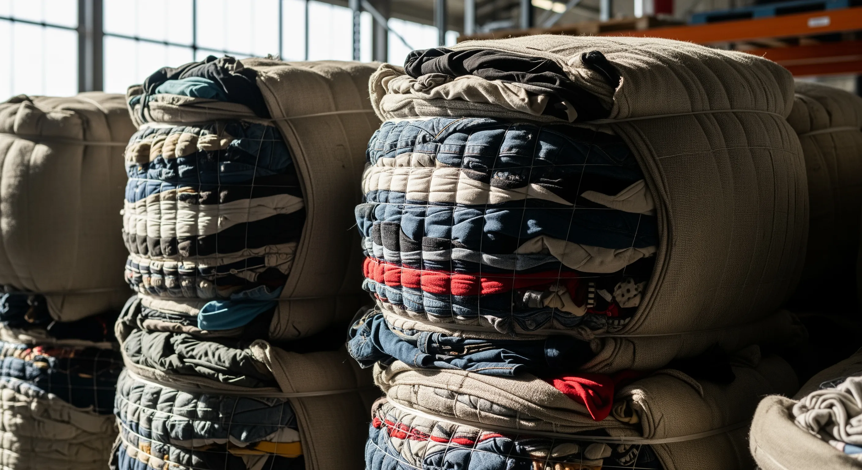 Close-up of tightly packed second-hand clothing bales showing fabric texture inside a bright warehouse