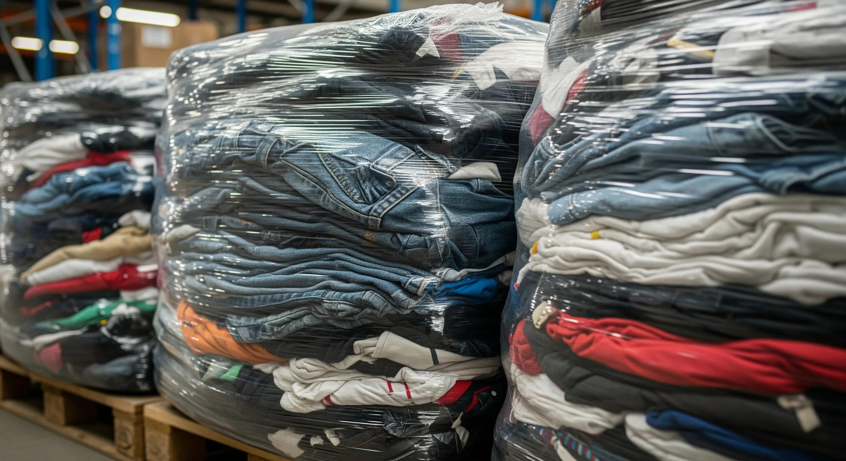 Close view of wrapped bales containing mixed branded second-hand clothes stored on wooden pallets