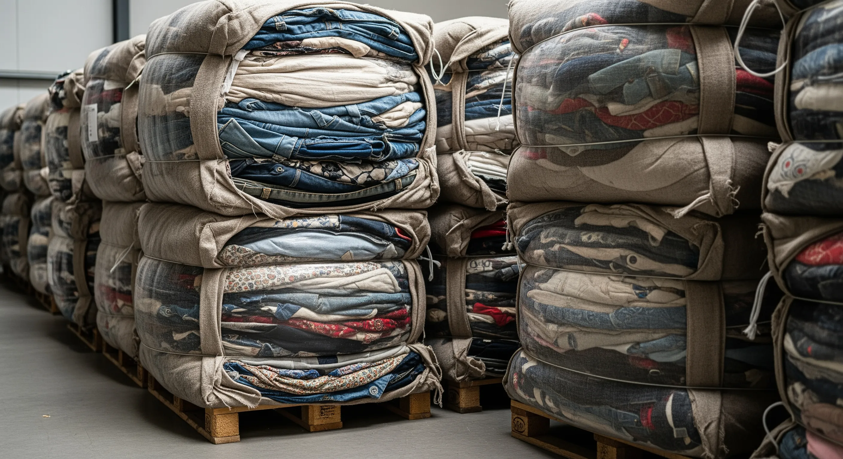 Close view of tightly packed bales of second-hand vintage clothing wrapped in neutral fabric inside a clean warehouse