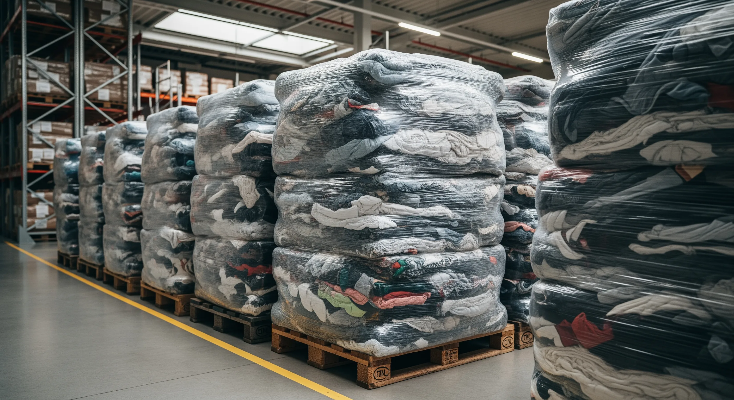 Close mid-range shot of wrapped large bales of bulk used clothing stacked on pallets in a bright warehouse