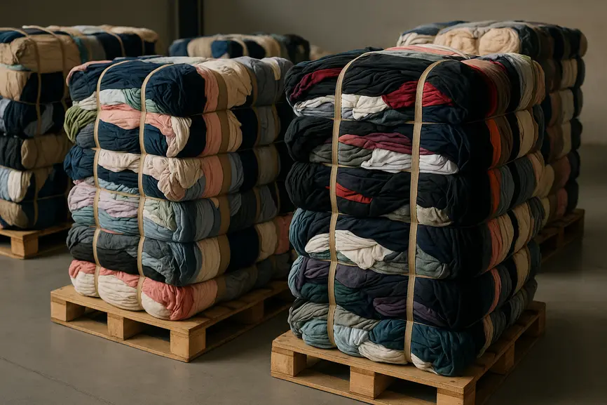 Close view of large compressed bales of second hand clothes on pallets showing textile layers and bulk texture.
