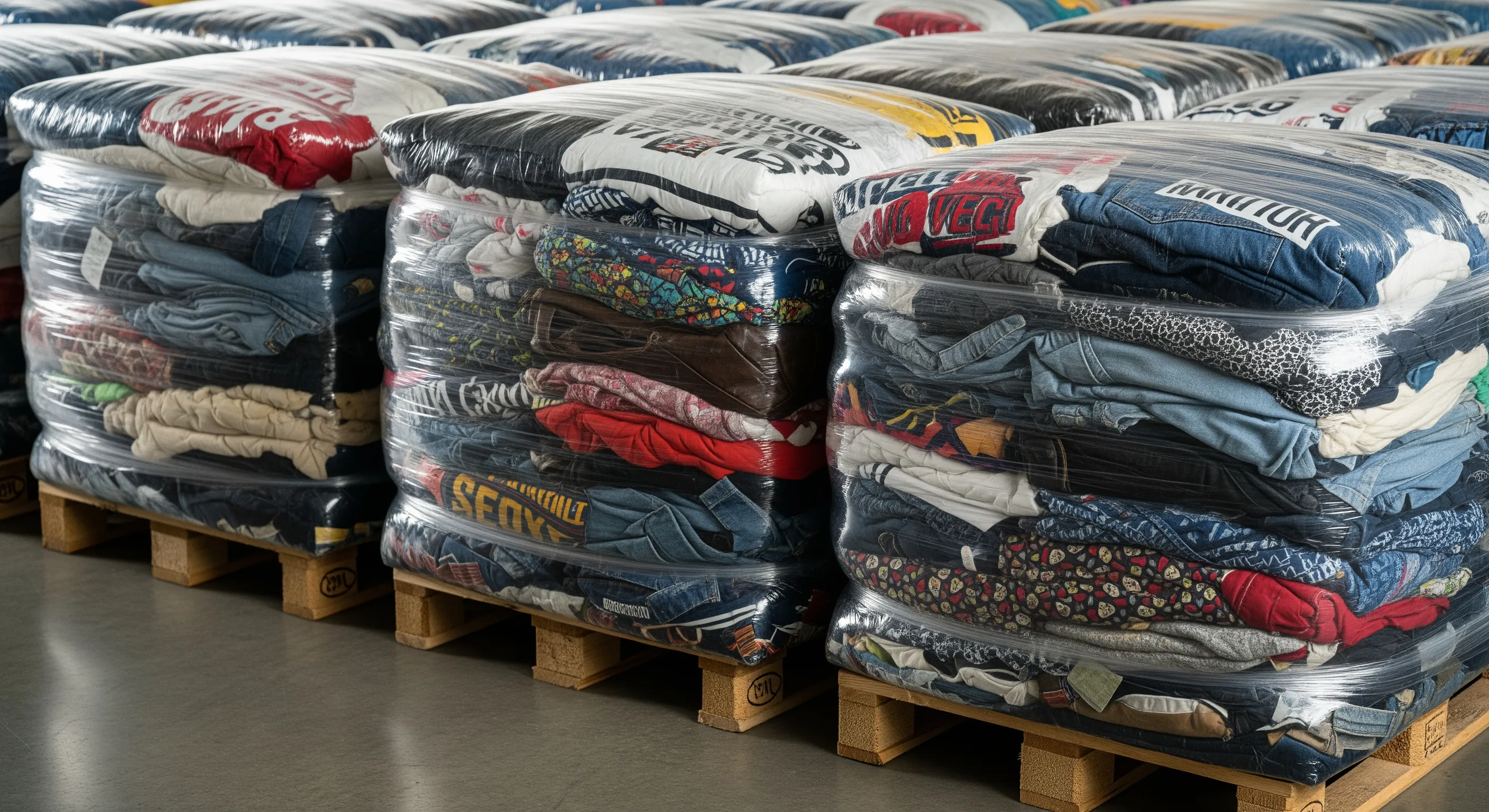 Close view of multiple tightly wrapped bales of bulk second hand clothes showing varied fabrics through clear plastic packaging