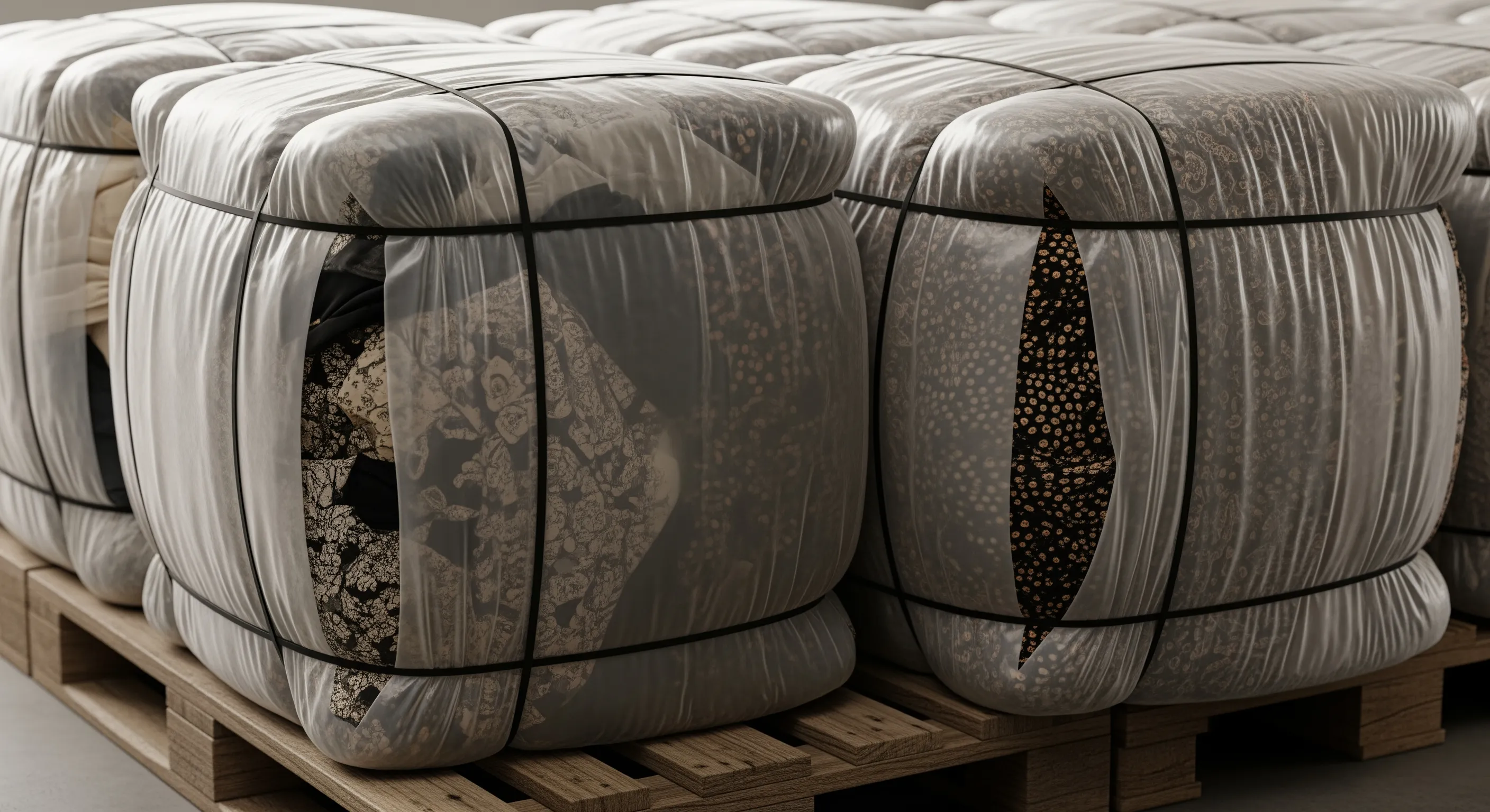 Close view of tightly wrapped second hand clothing bales showing fabric textures and wooden pallets without logos