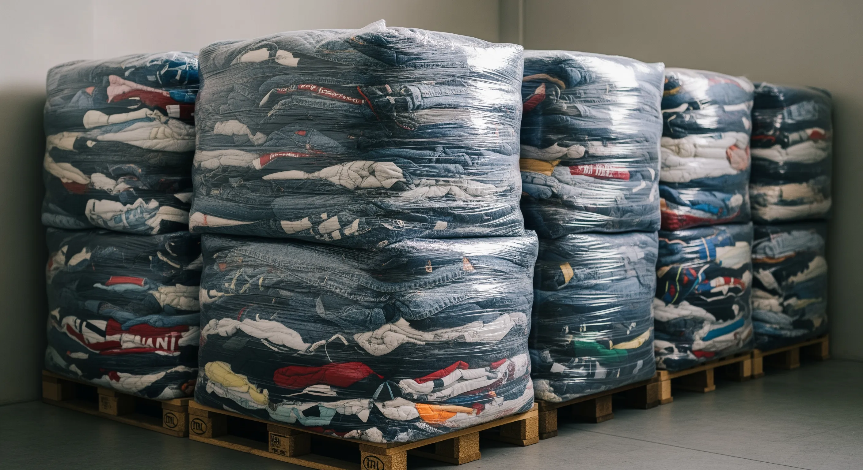 Close view of tightly wrapped bales filled with mixed branded vintage clothes stacked on pallets in a clean warehouse