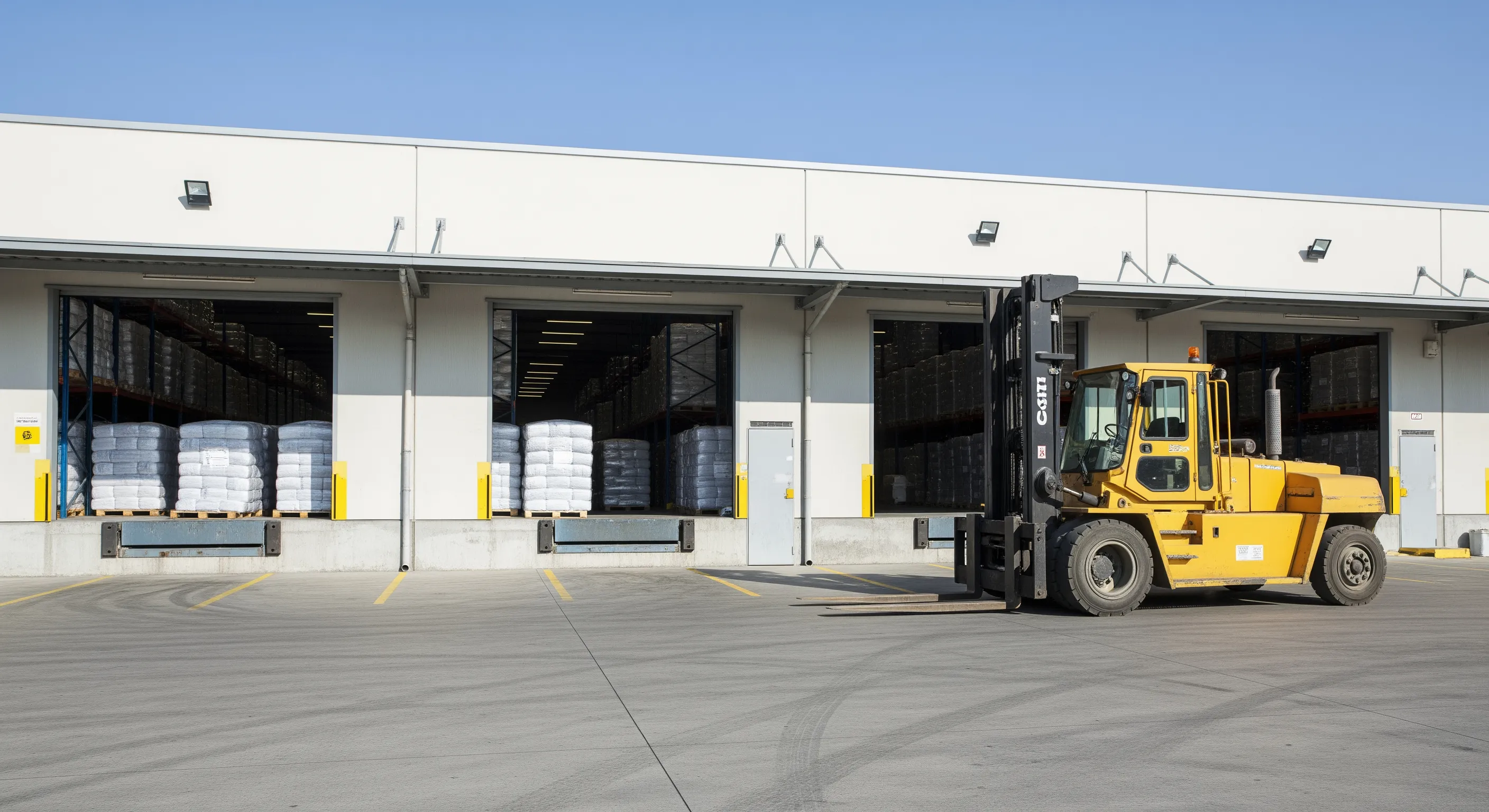 Exterior of a warehouse loading bay with stacked clothing bales ready for distribution in Italy