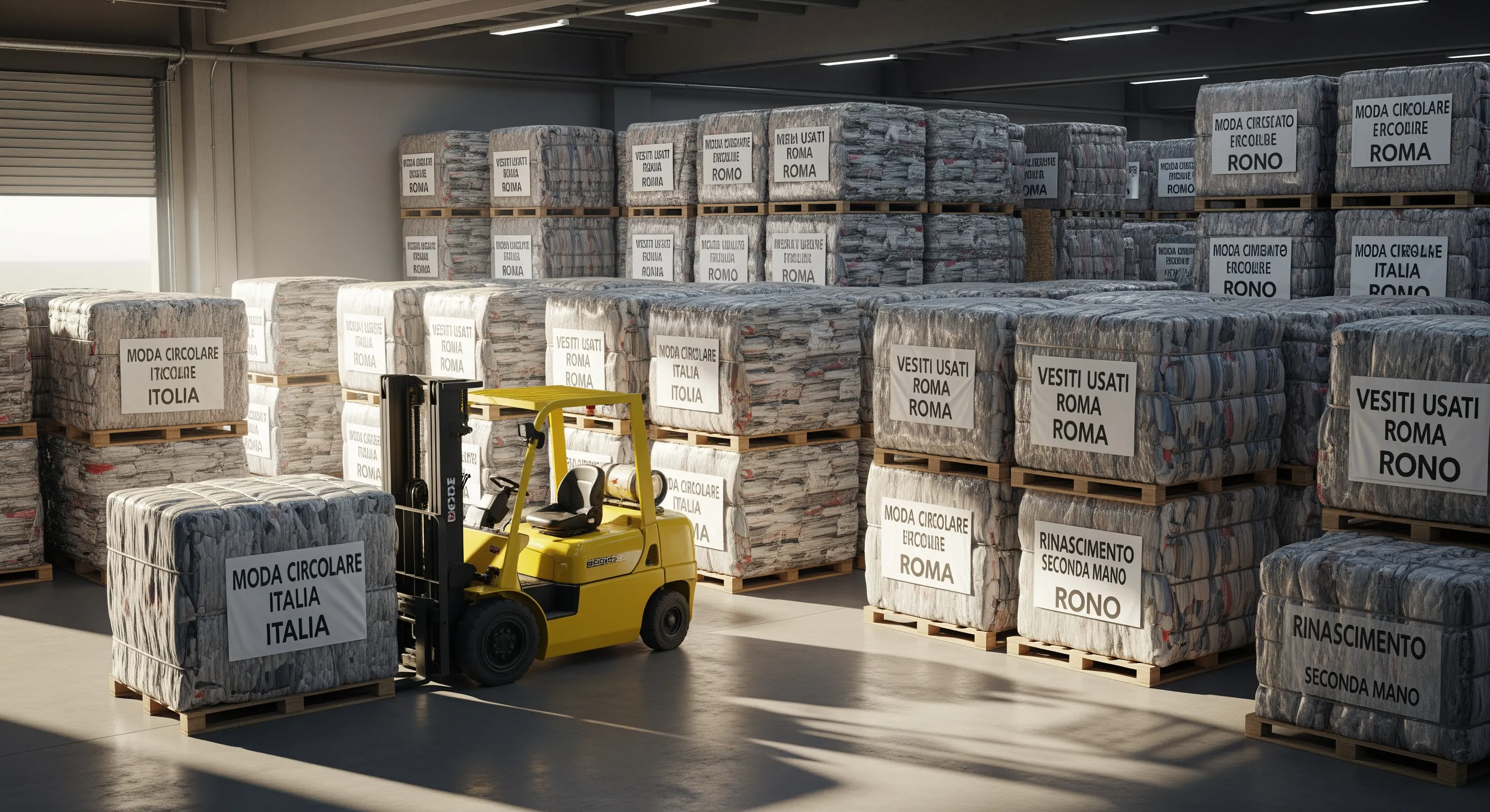 Loading bay scene with large bales of wholesale branded used clothing and forklift in an Italian wholesale warehouse