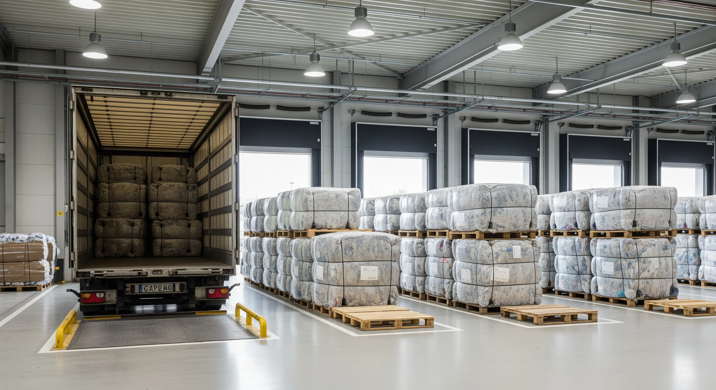 Loading bay at a warehouse with stacked bales of second-hand clothing being prepared for export on pallets.