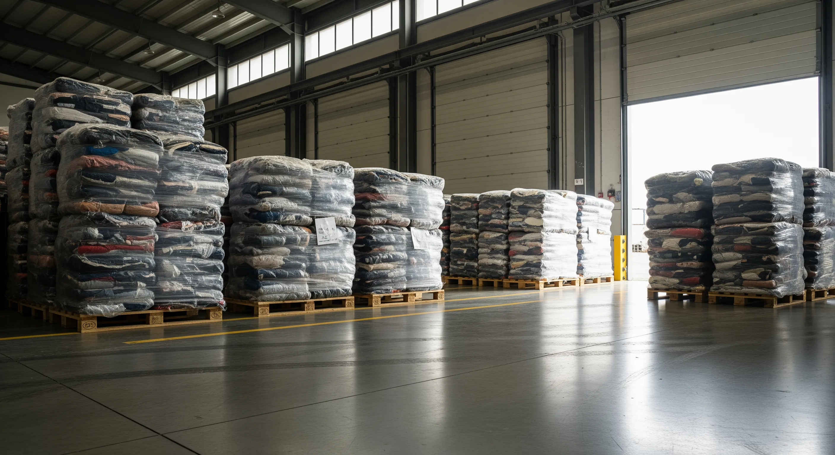 Loading bay of a warehouse in Prato with stacked bales of branded second-hand clothing ready for export.