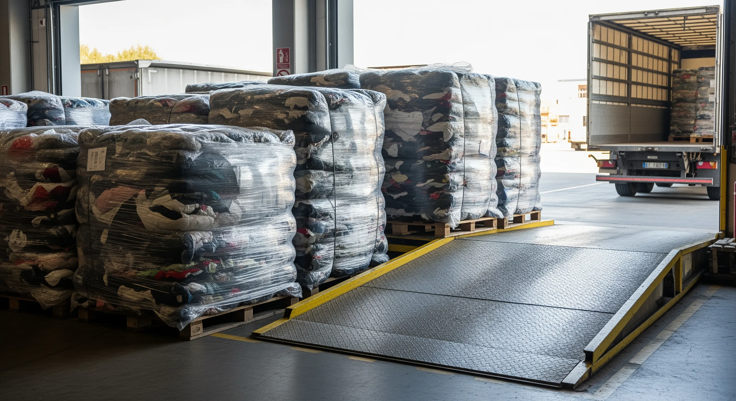 Loading bay of an Italian warehouse with large bales of second-hand clothing arranged for export, no people visible