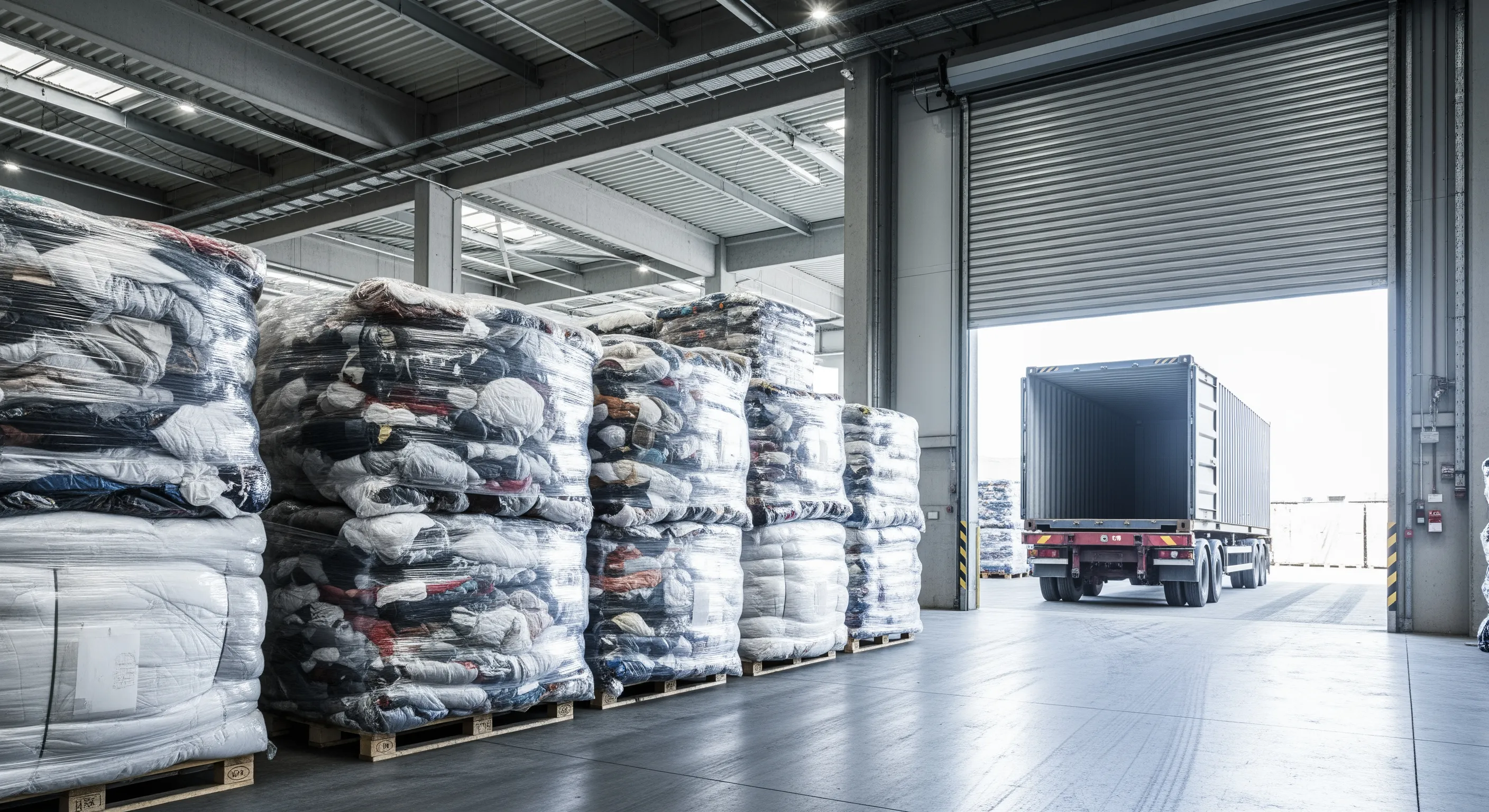 Loading bay with stacked clothing bales and open freight container ready for export in Italy