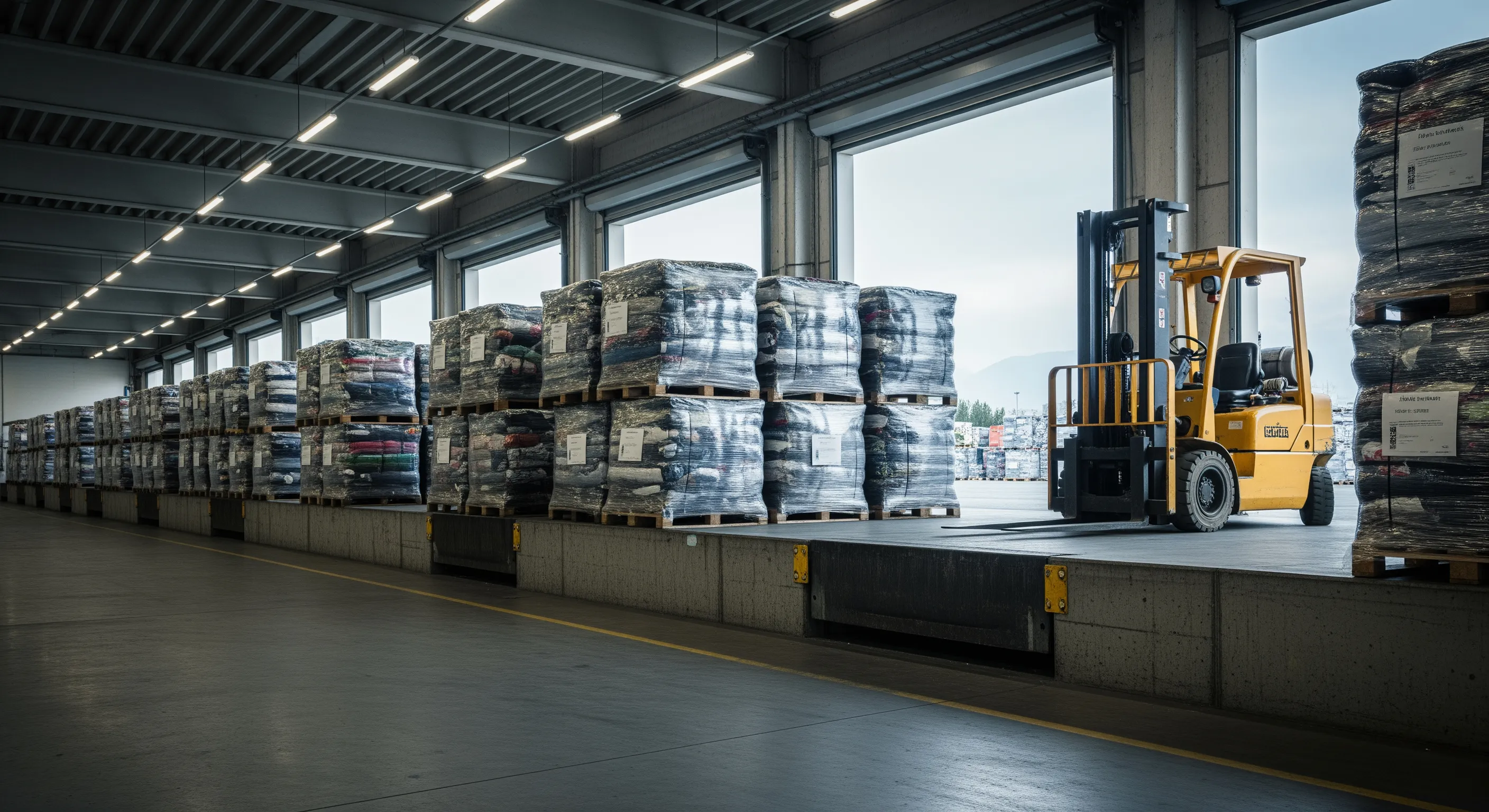 Loading bay with pallets of second-hand clothing bales ready for export in an Italian warehouse