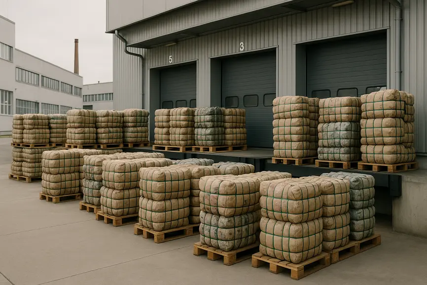 Loading bay with large bales of vintage clothes arranged on pallets ready for export in an EU logistics center.