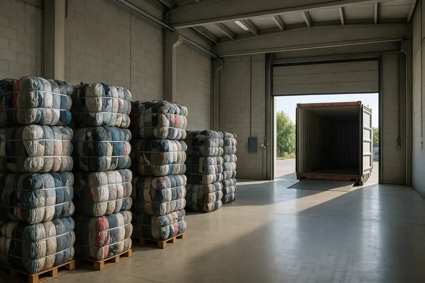 Loading bay with large bales of second hand clothes staged near an open container for export in Italy.