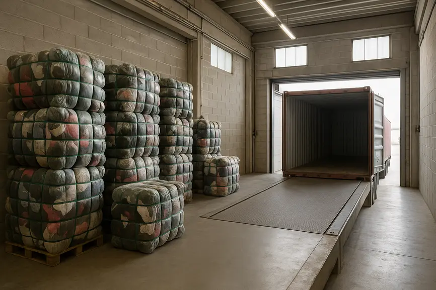 Export loading bay with stacked bales of second-hand clothes ready for shipping at an Italian warehouse.