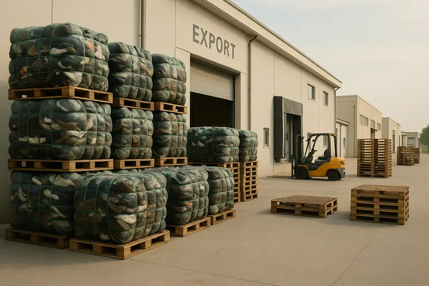 Loading bay in Italy with stacked bales of second hand shoes ready for export shipment.