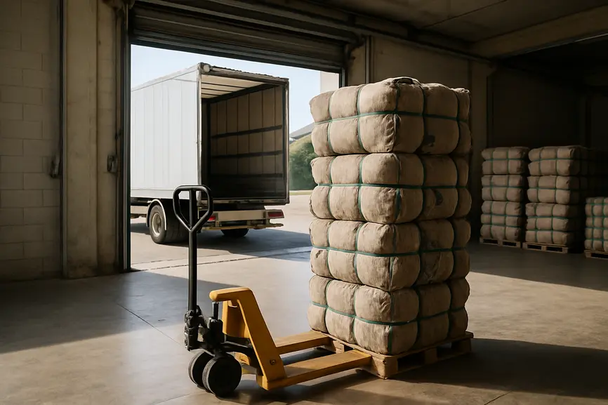 Loading bay scene with pallet jack moving stacked bales of vintage clothing for export onto a truck, no people visible.