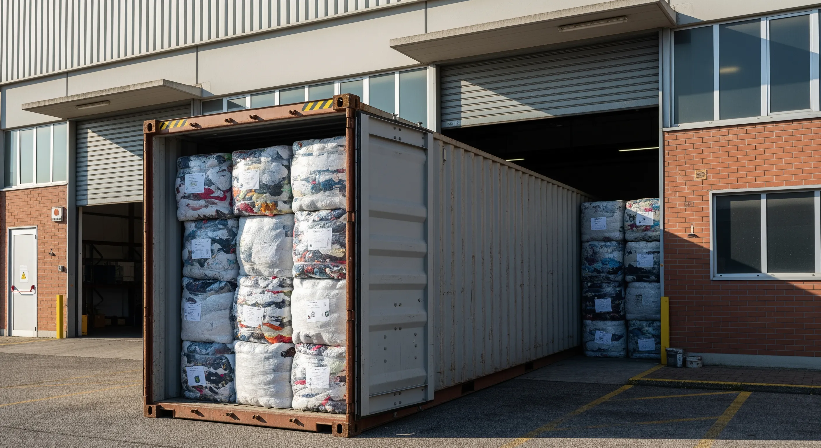 Loading bay with open container being filled with stacked bales of bulk second-hand clothing ready for export.
