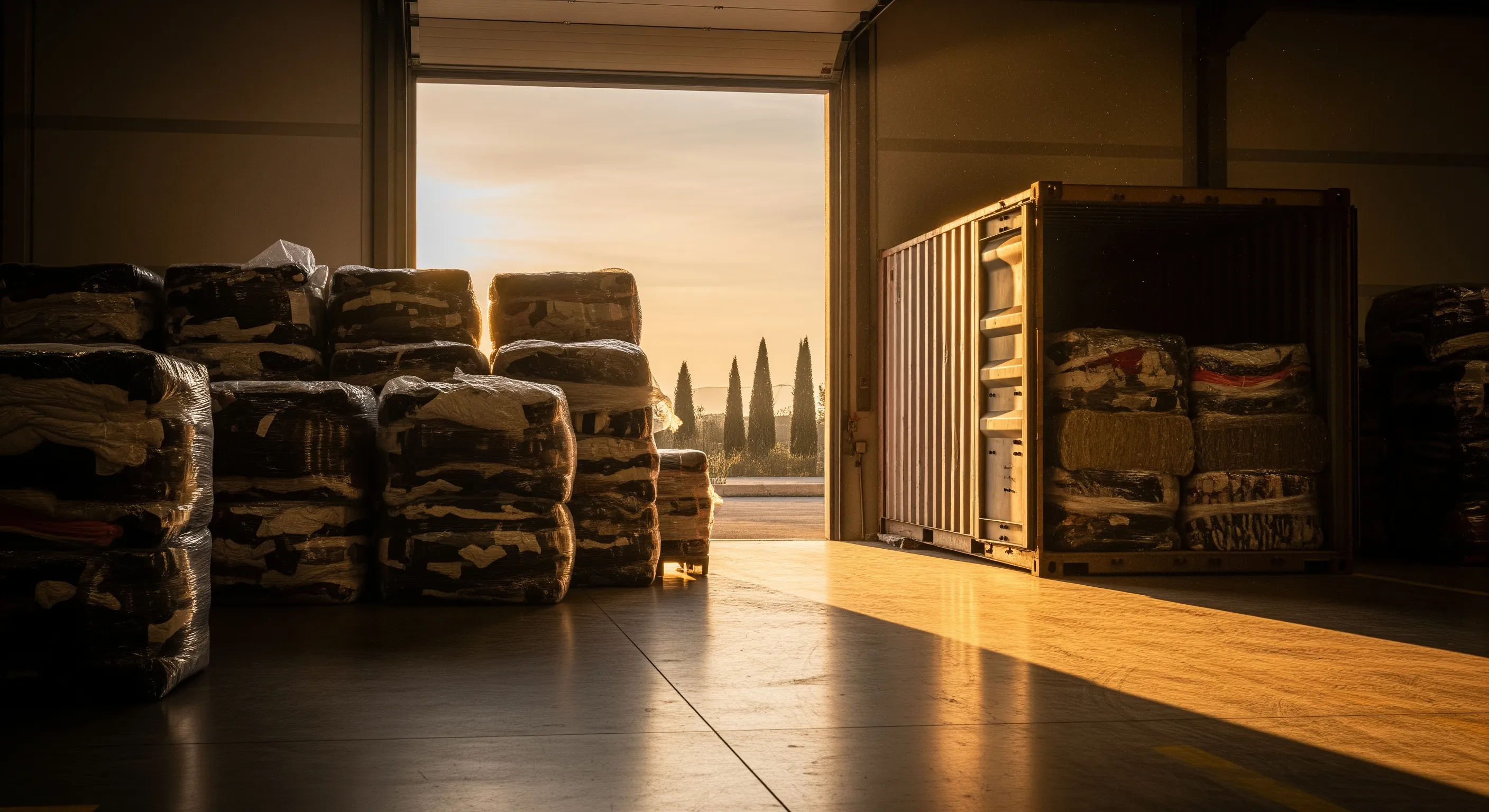 Loading bay with stacked bales of vintage clothing near an open freight container at an Italian warehouse