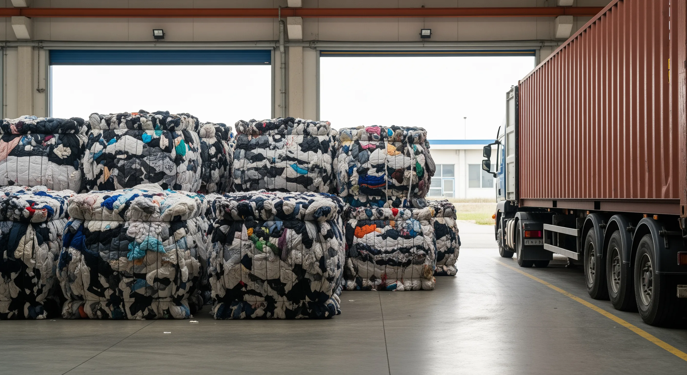 Loading bay at warehouse with multiple large bales of second-hand clothing ready for export next to an open truck container
