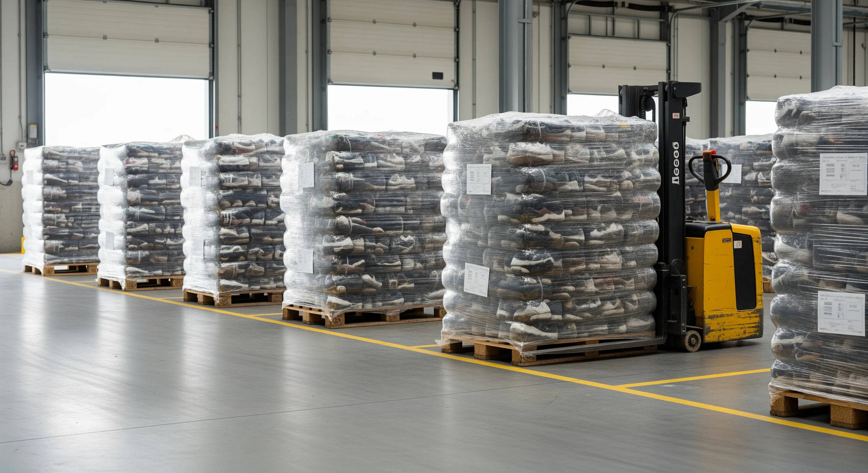 Loading bay area with bales of second hand shoes stacked on pallets ready for export in a clean industrial space.