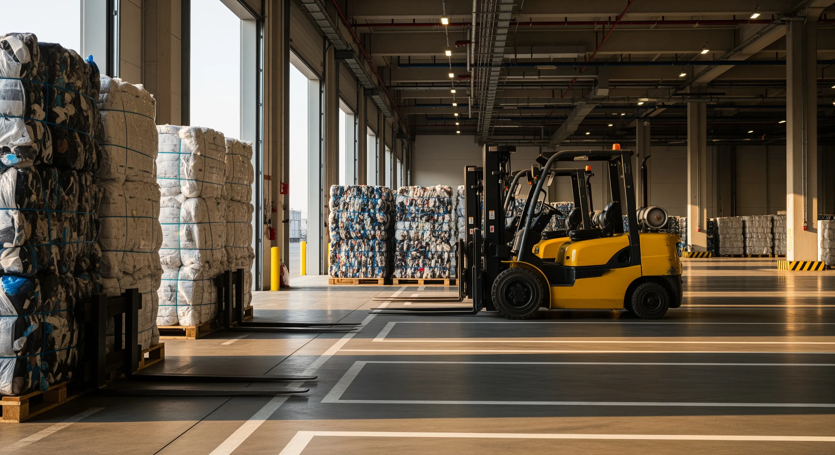 Loading dock at a wholesale warehouse with bales of used shoes staged and forklifts nearby under natural light