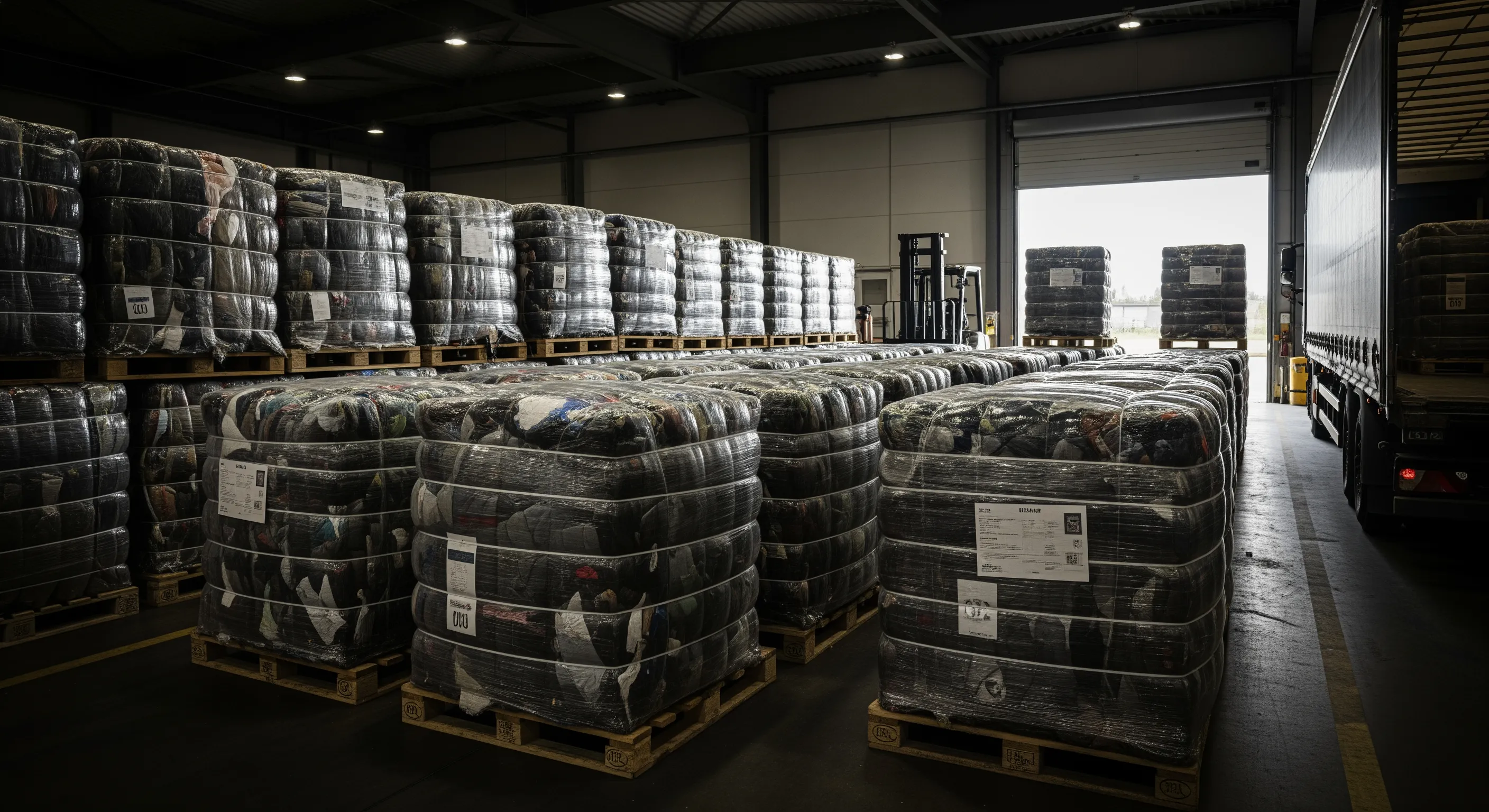 Rows of human-height bales of used clothes on pallets at an industrial loading bay prepared for export in Europe
