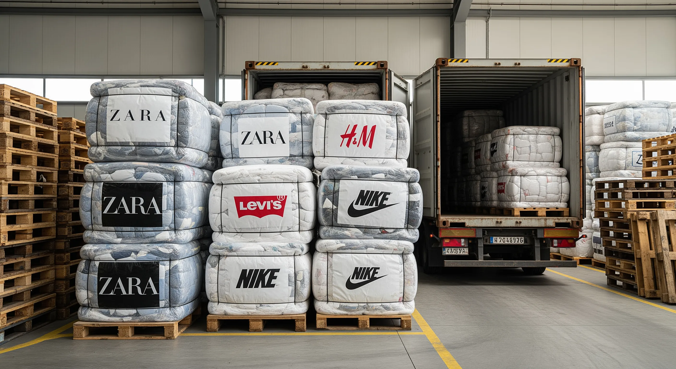 Loading dock in an Italy-based warehouse with huge bales of wholesale used clothing prepared for export shipment.