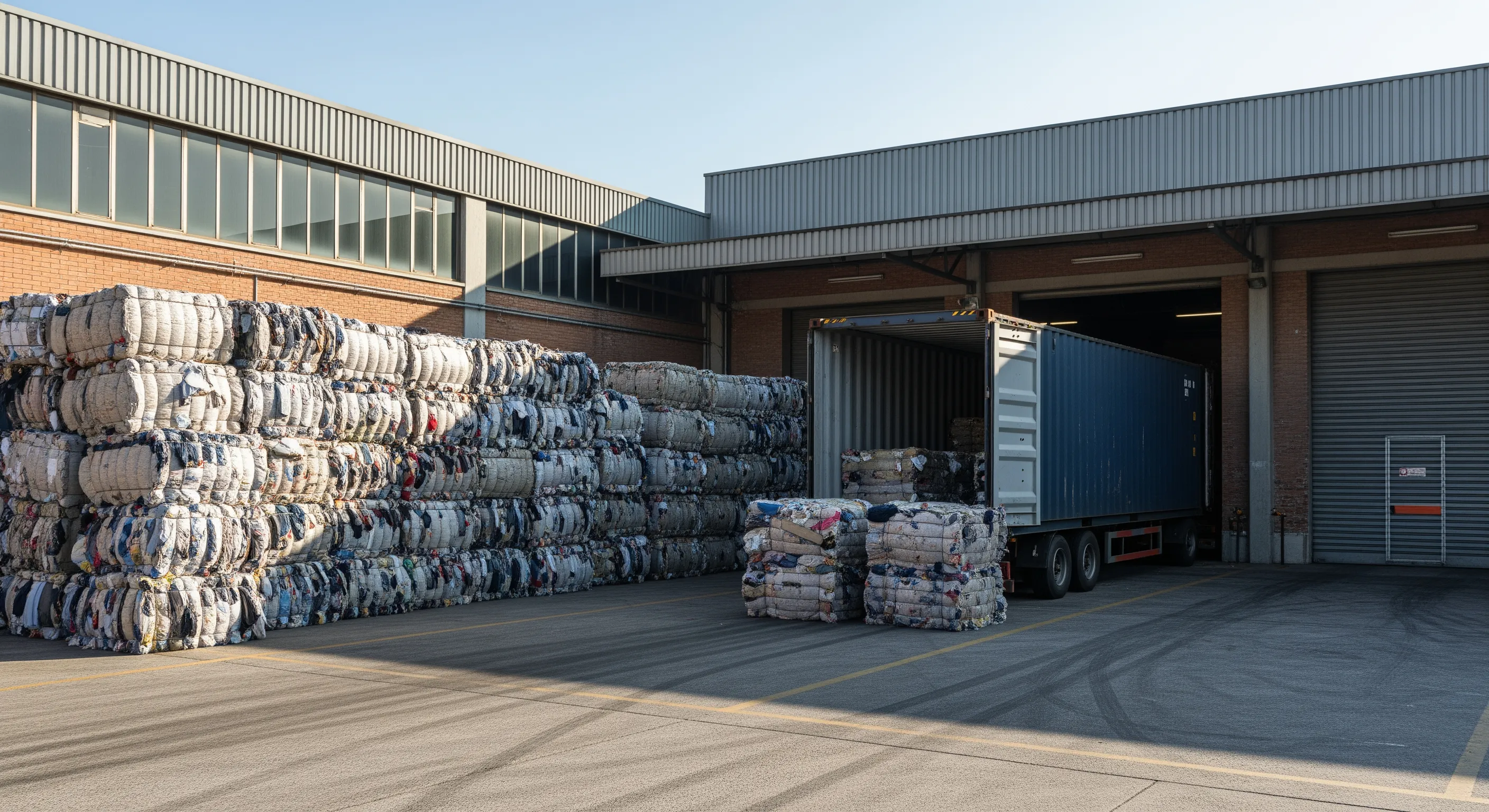 Warehouse loading bay outside with large bales of secondhand clothes stacked near a freight container ready for export in Italy.