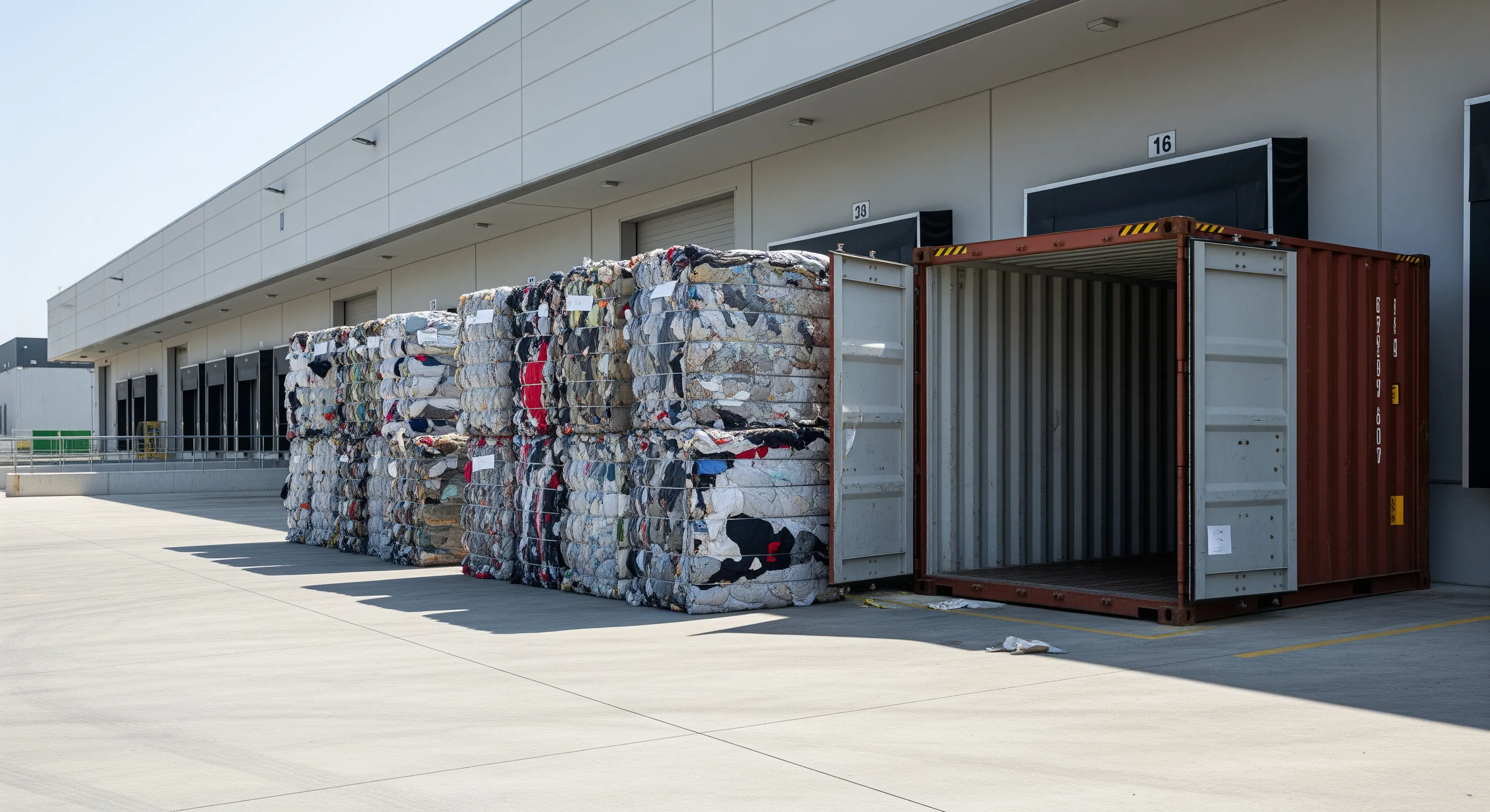 Loading area at a warehouse with bundled clothing bales stacked near an open shipping container in Italy