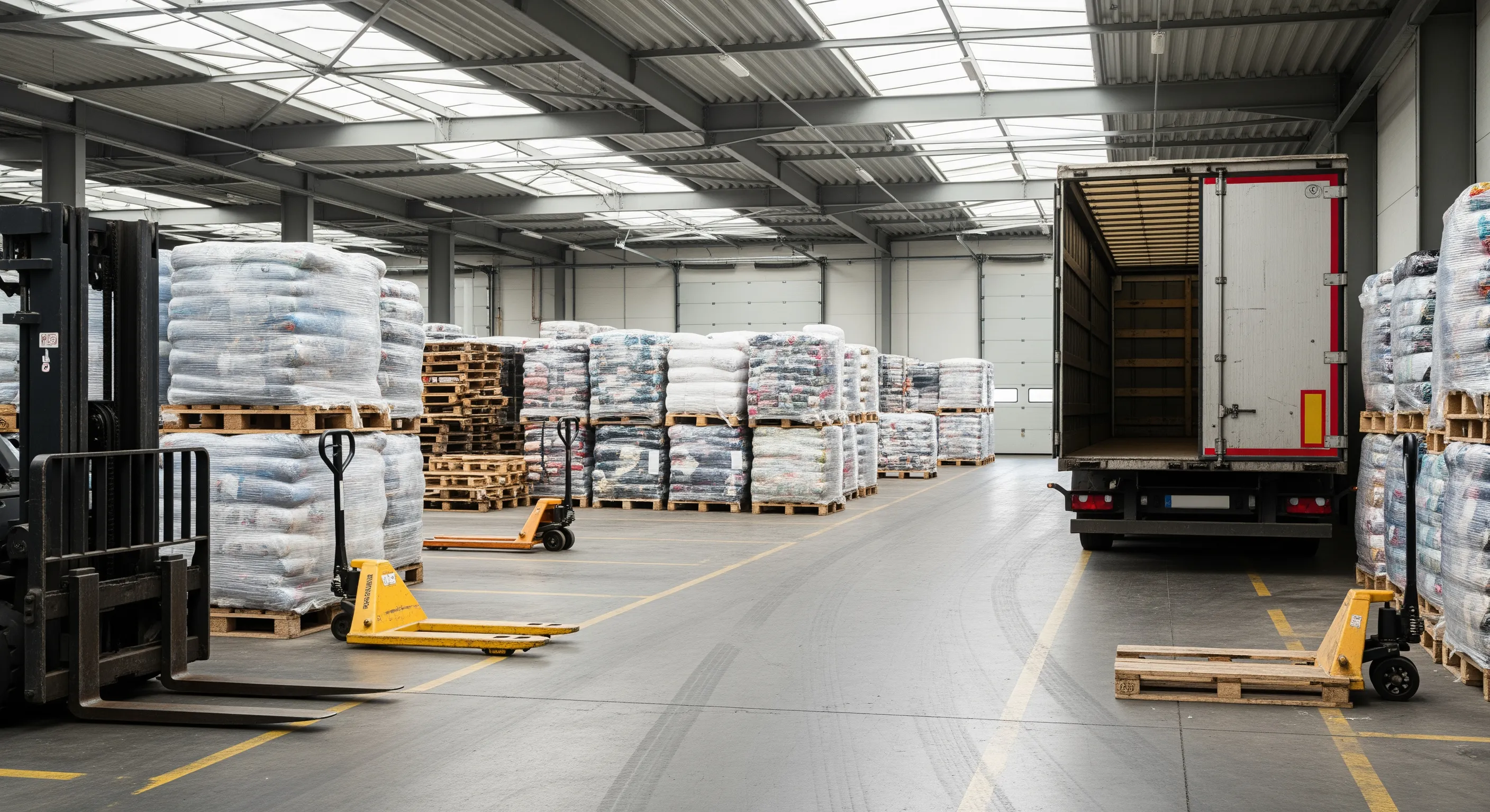 Loading bay area with large bales of clothes on pallets staged by a freight truck for export in an EU warehouse