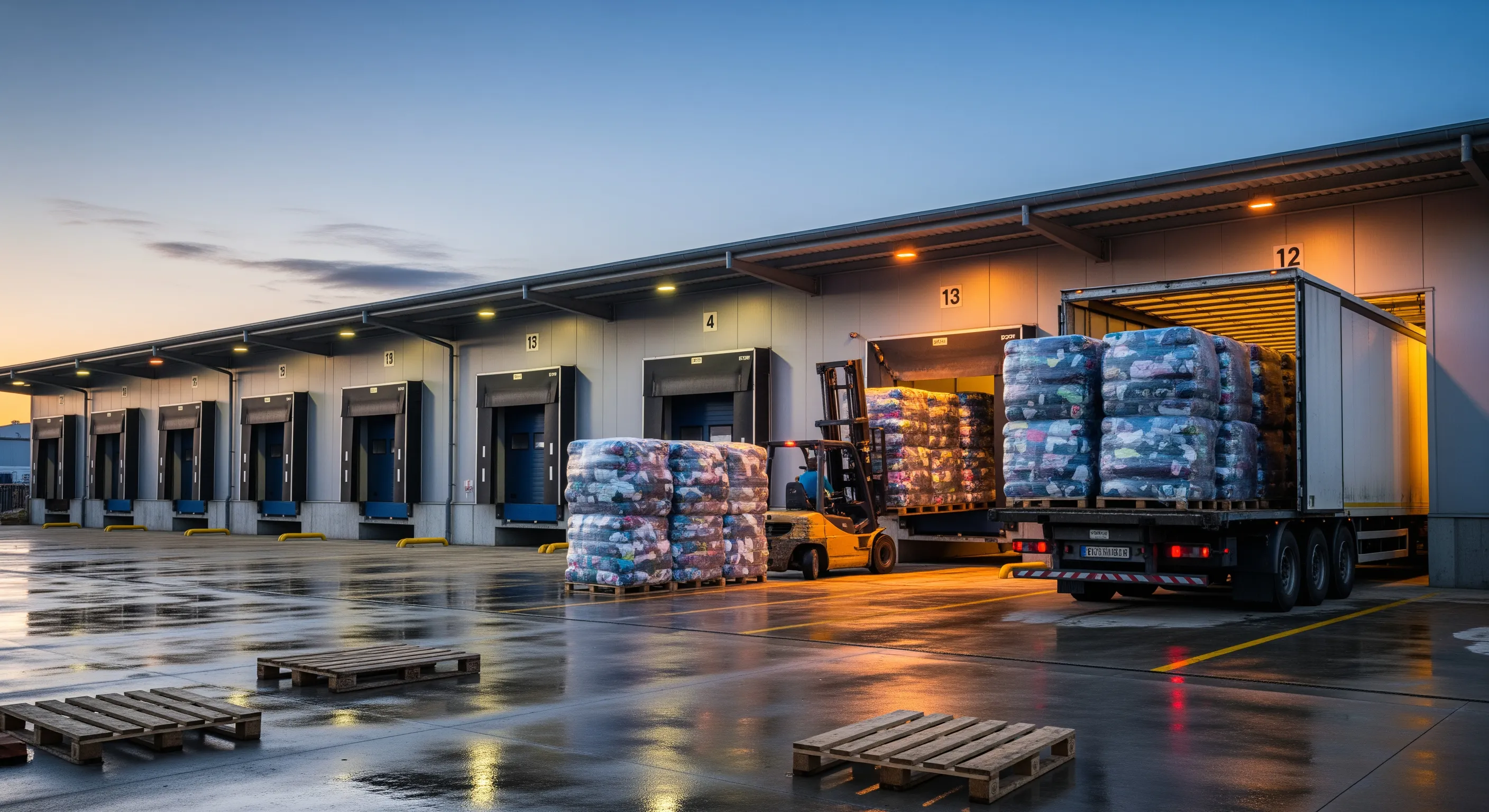 Loading bay at an export facility with palletized bales of second hand clothing being loaded onto a truck at dusk