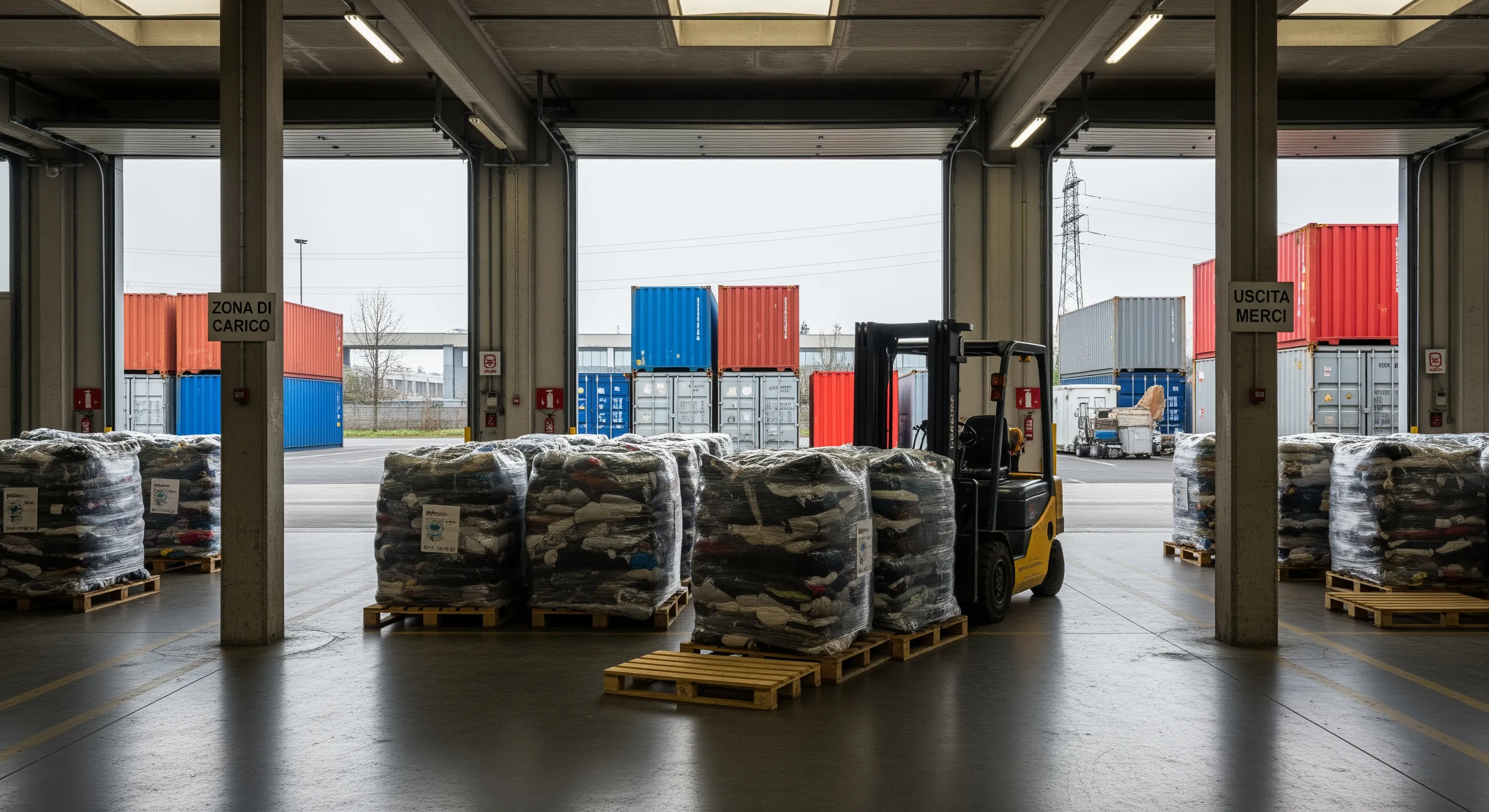 Loading bay with large bales of second-hand clothes on pallets ready for export in Italian logistics environment